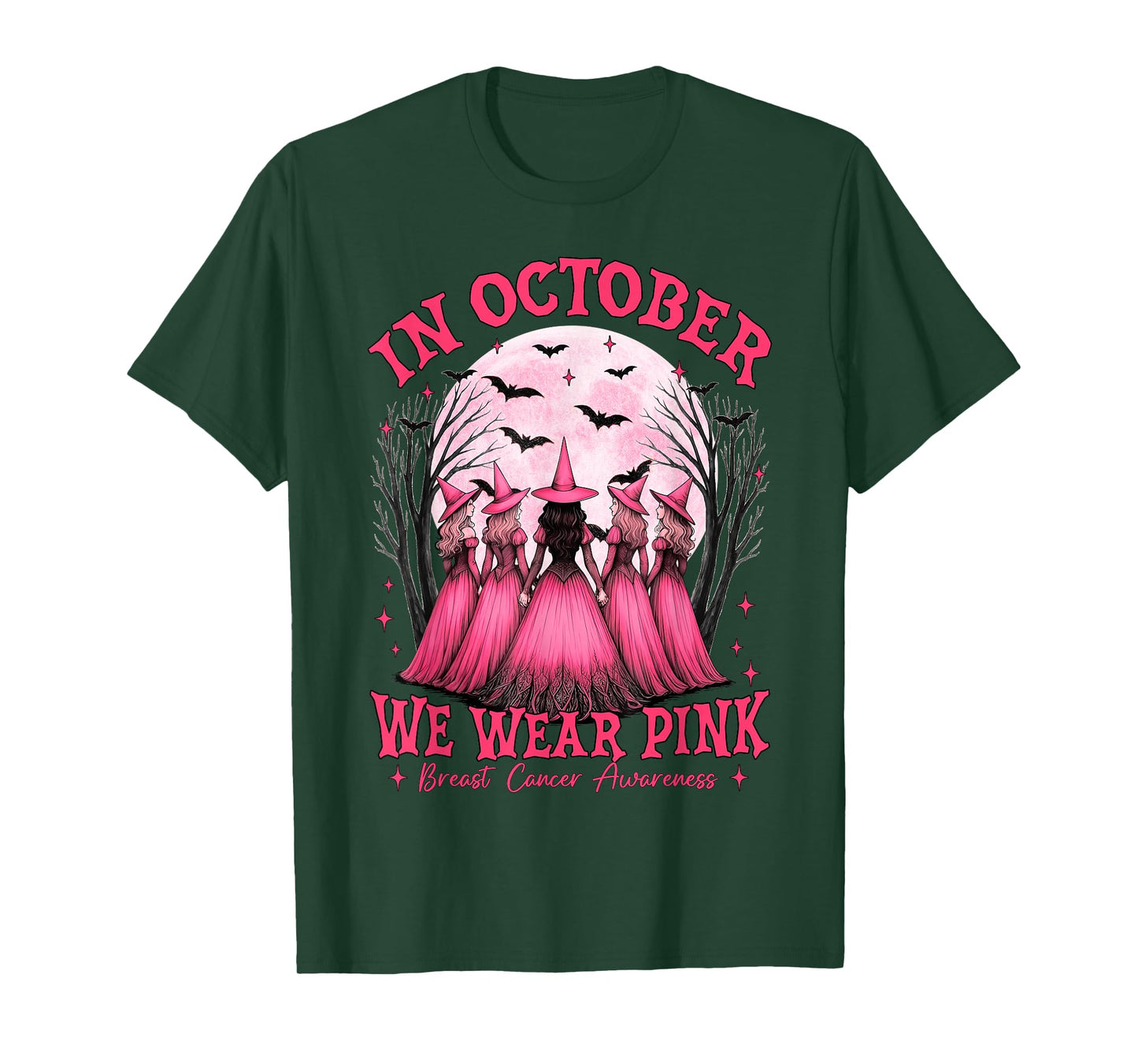 in October We Wear Pink Witch Breast Cancer Awareness Girl T-Shirt