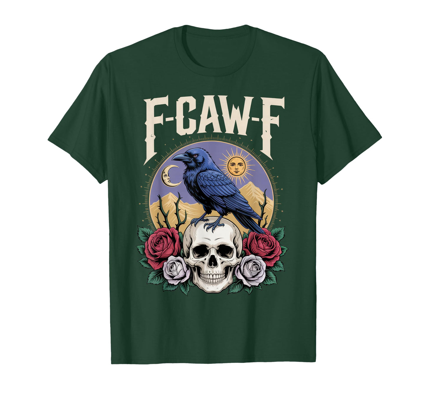 F-CAW-F Funny Raven Gothic Outfit Skull Roses Sun Moon Look T-Shirt