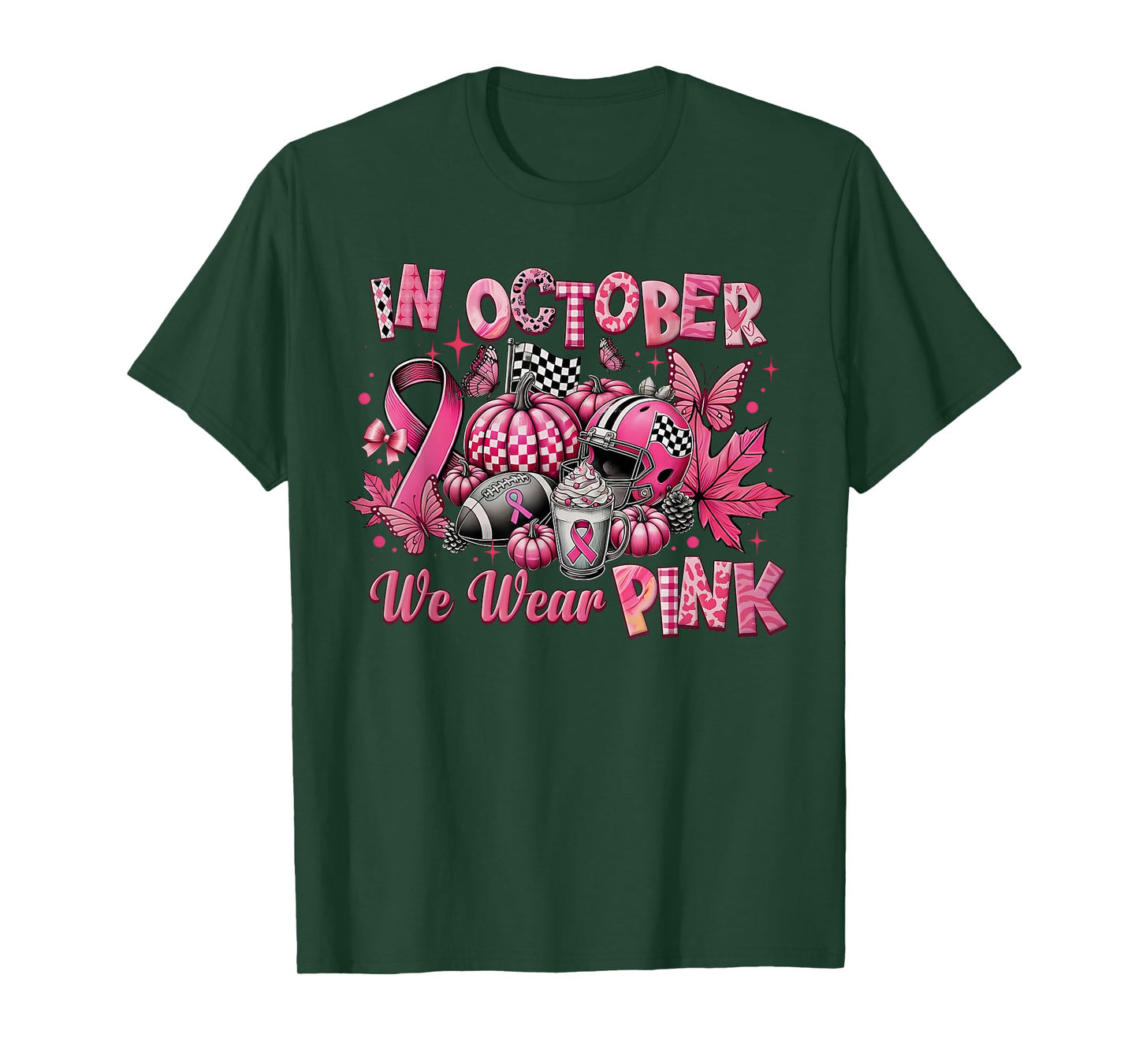 in October We Wear Pink Ribbon Pumpkin Breast Cancer T-Shirt