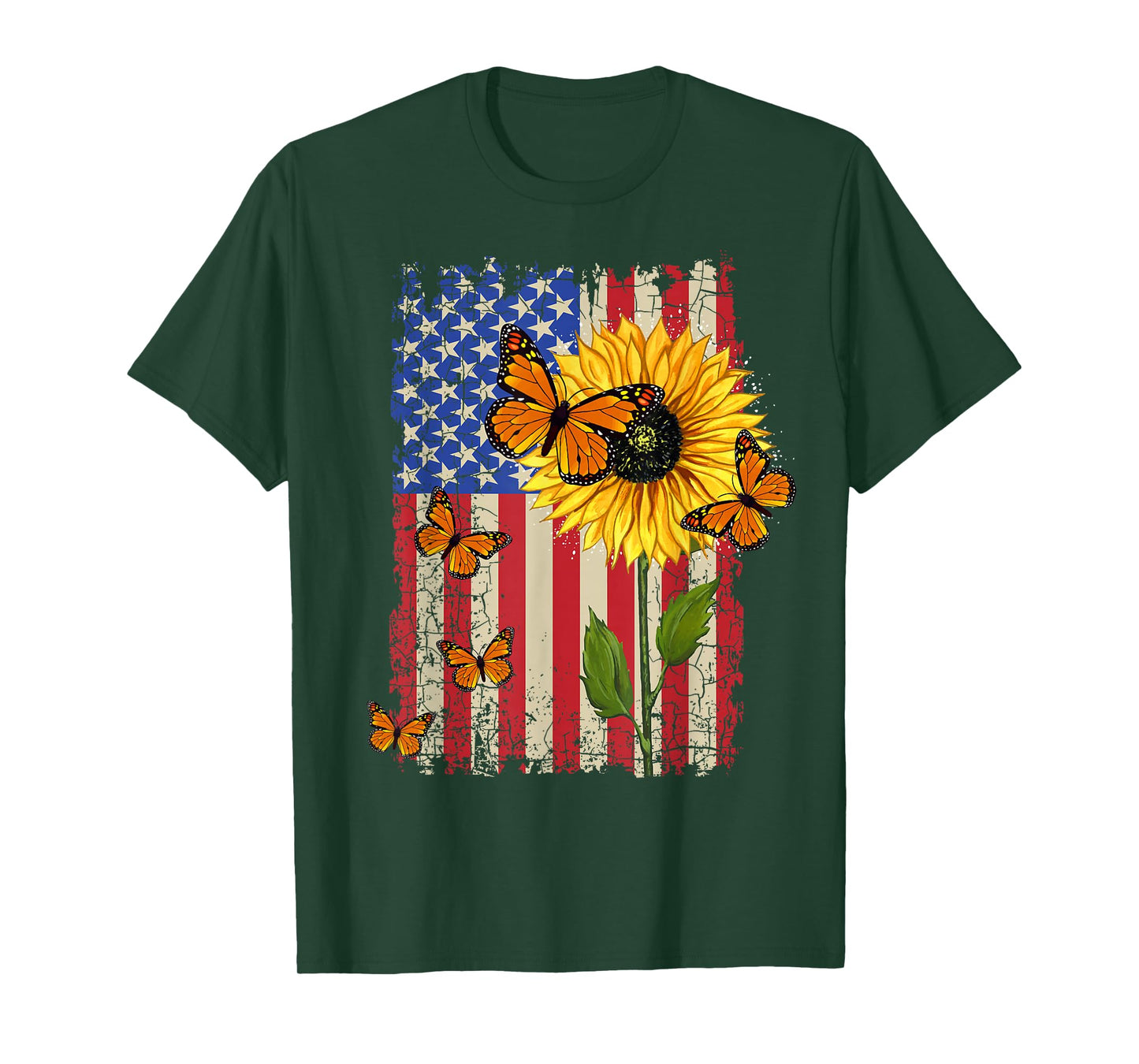 Sunflower Monarch Butterflies Patriotic American Flag Womens T-Shirt