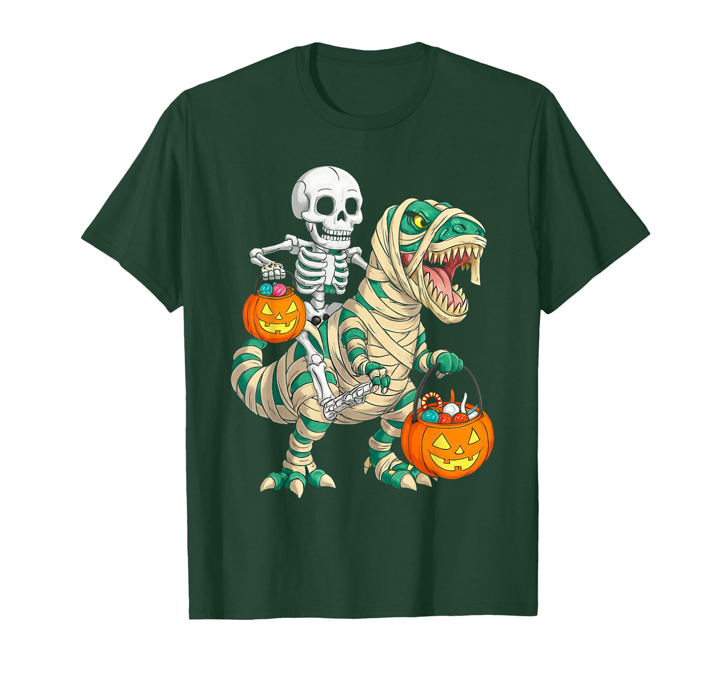 Skeleton Riding Mummy Dinosaur T rex Halloween Funny Pumpkin T-Shirt