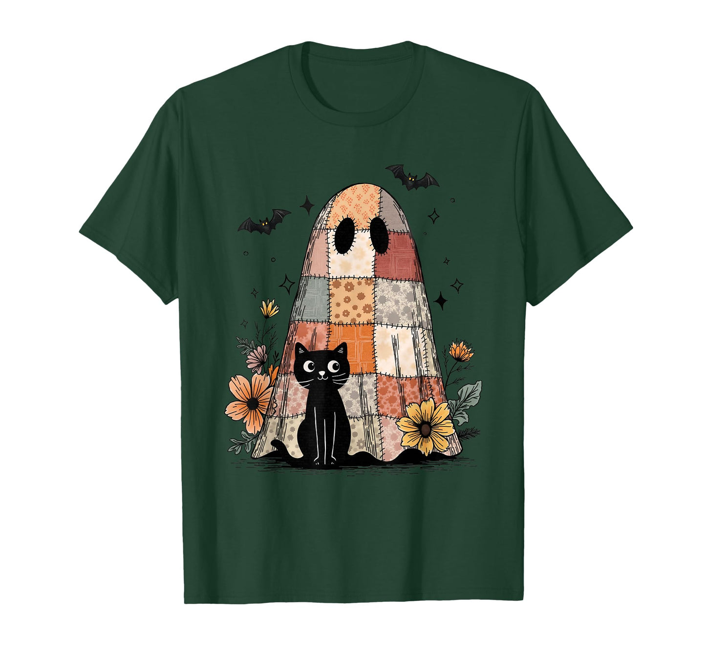 Preppy Retro Floral Patchwork Ghost and Black Cat Halloween T-Shirt