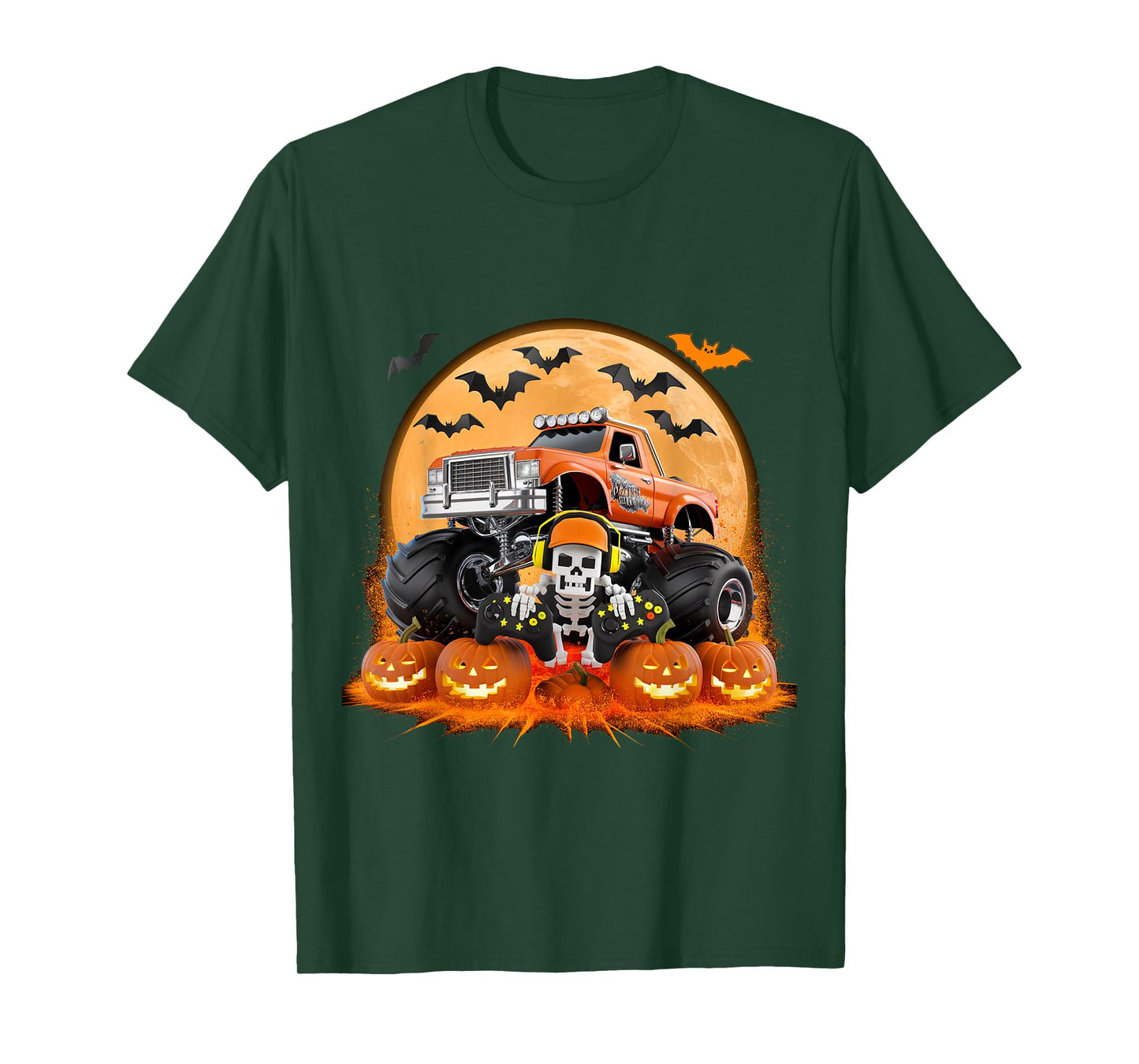 Kids Halloween Pixel Skeleton Gamer Monster Truck Pumpkin T-Shirt