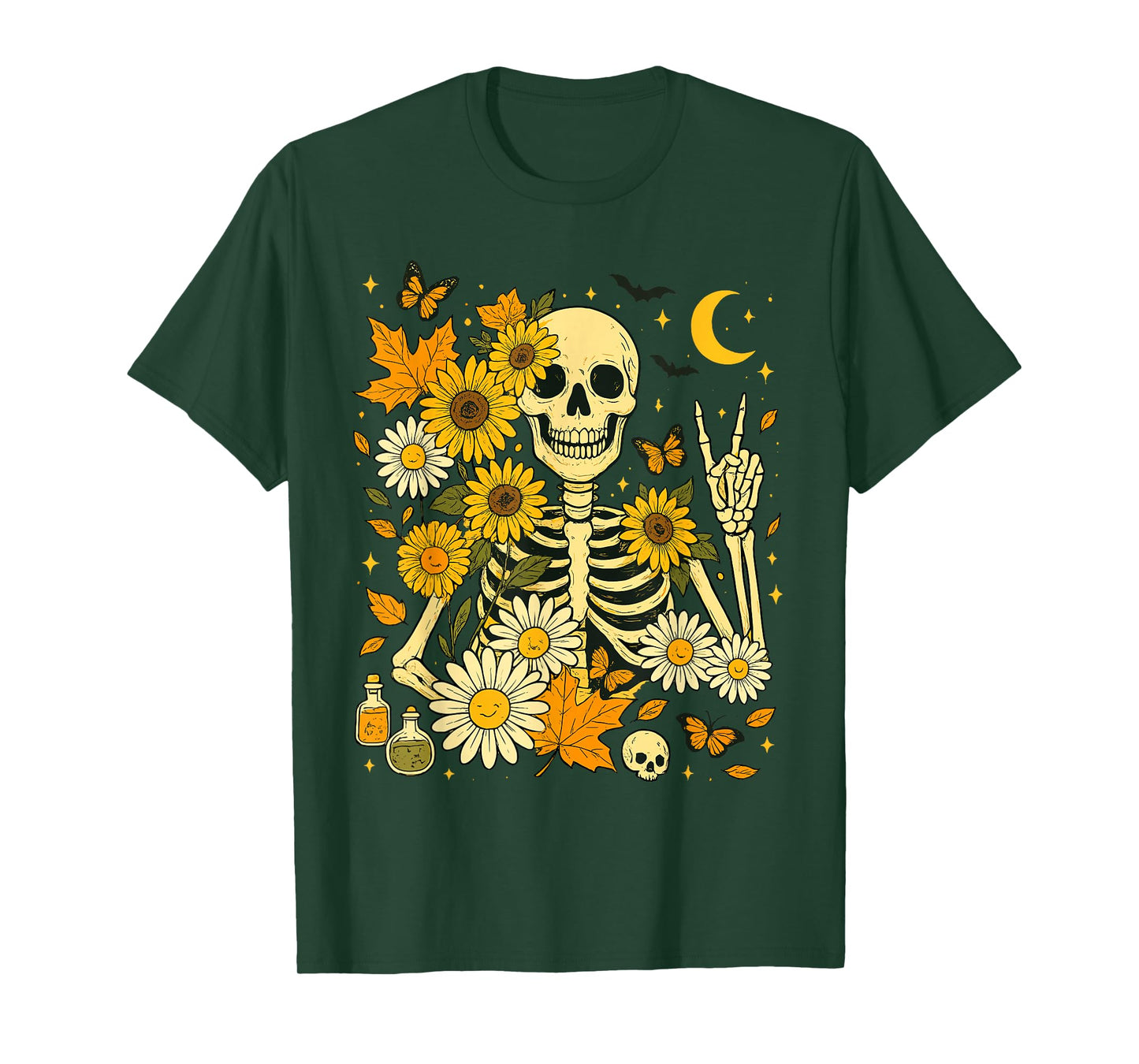 Retro Fall Skeleton Floral Skull Aesthetic Halloween T-Shirt