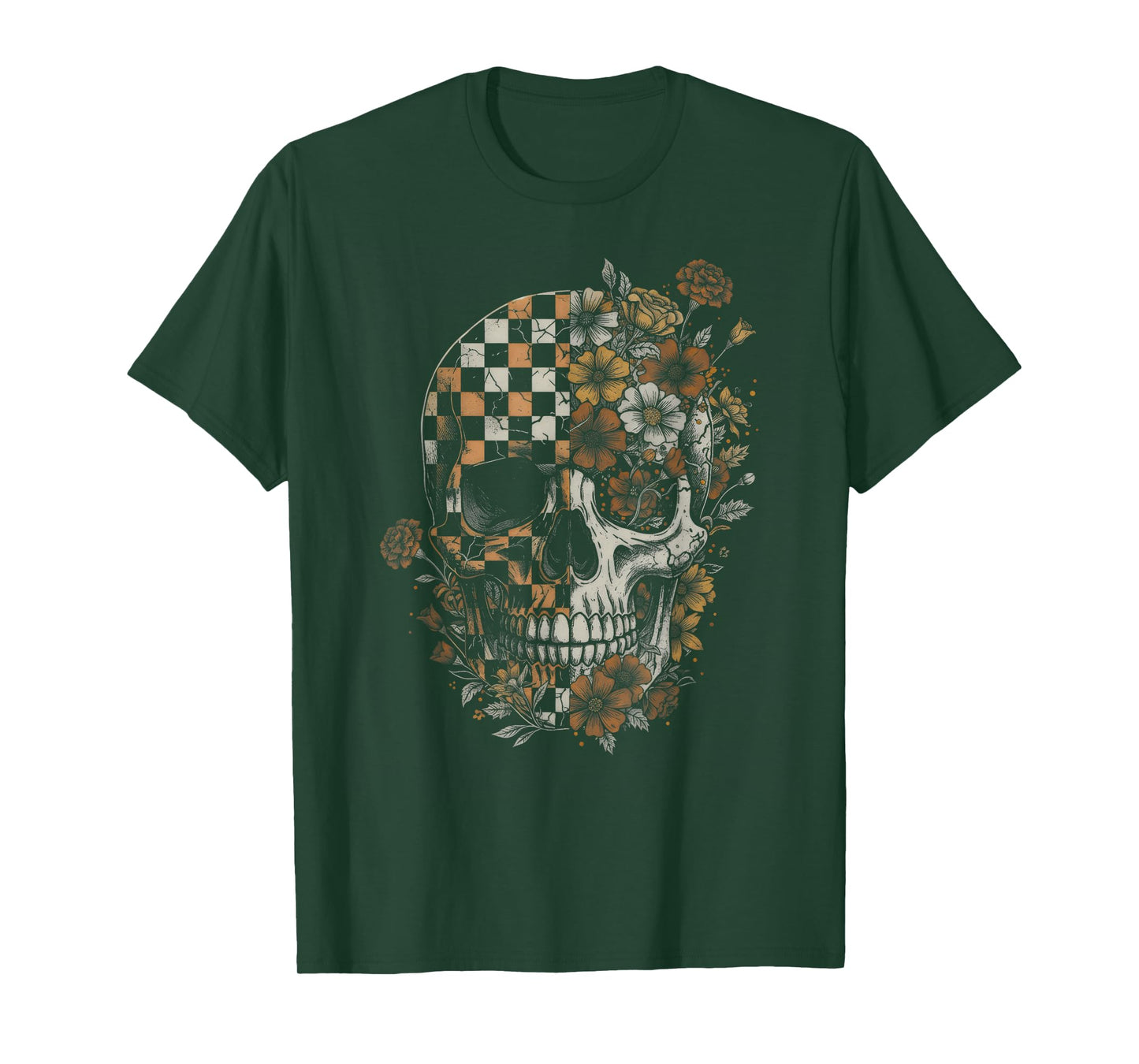 Checkered Boho Floral Skull Halloween Women Girl T-Shirt