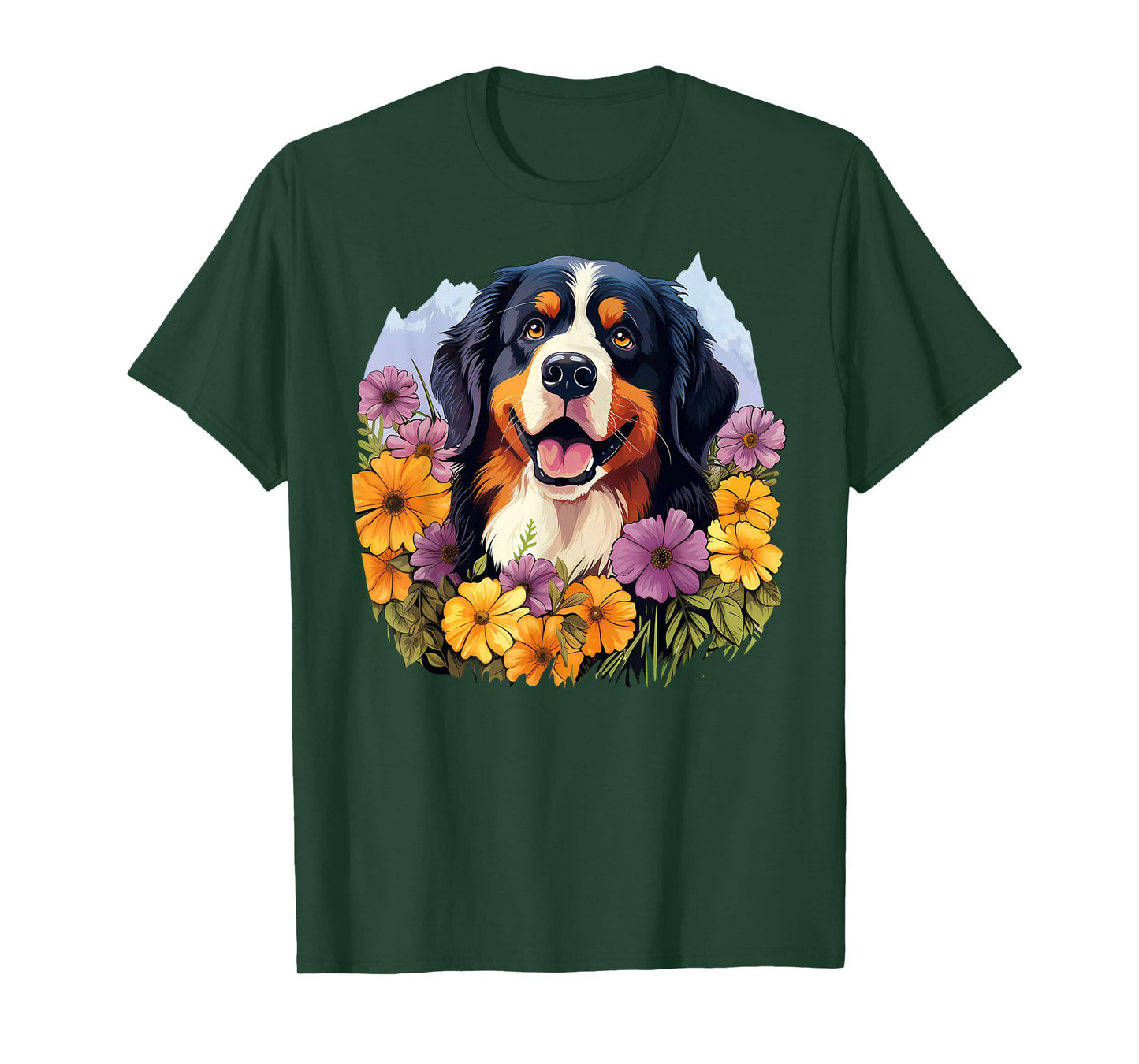 Cute Bernese Mountain Dog in Spring Flower Garden Puppy Men Women Girls Kids T-Shirt