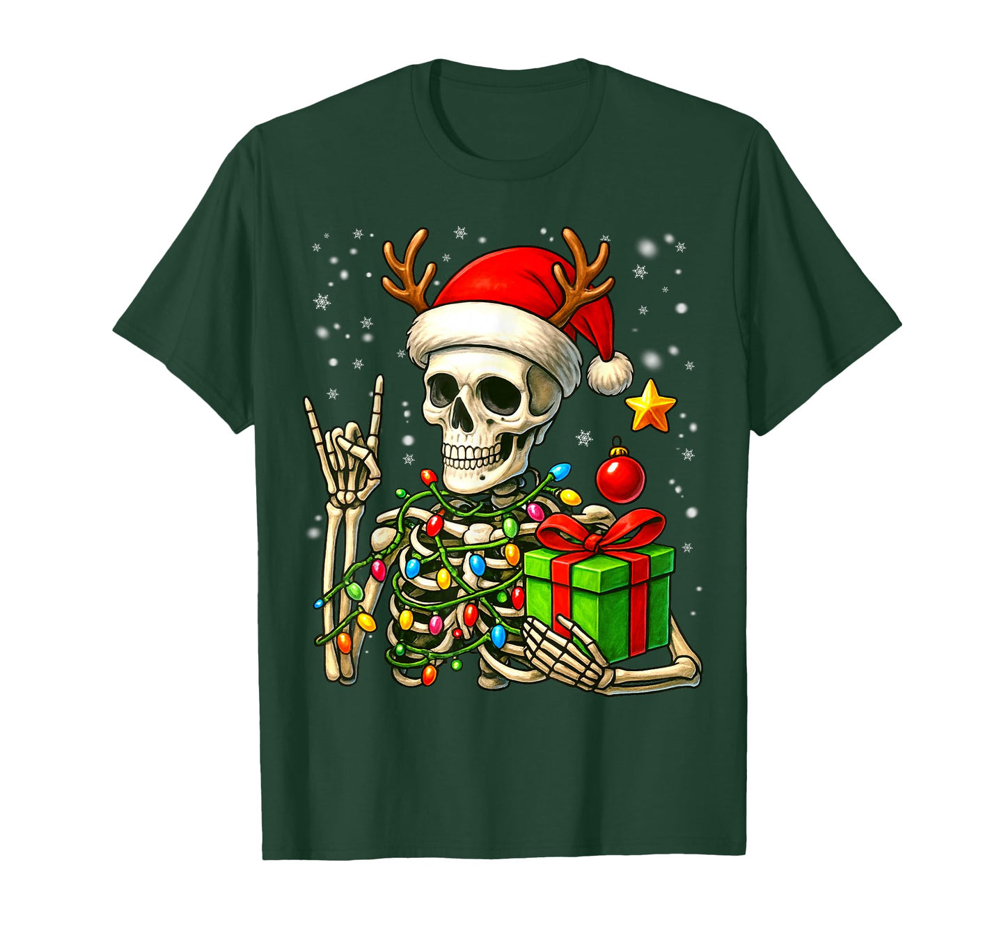 Funny Skeleton Rock on Reindeer Santa Hat Christmas Xmas Men T-Shirt