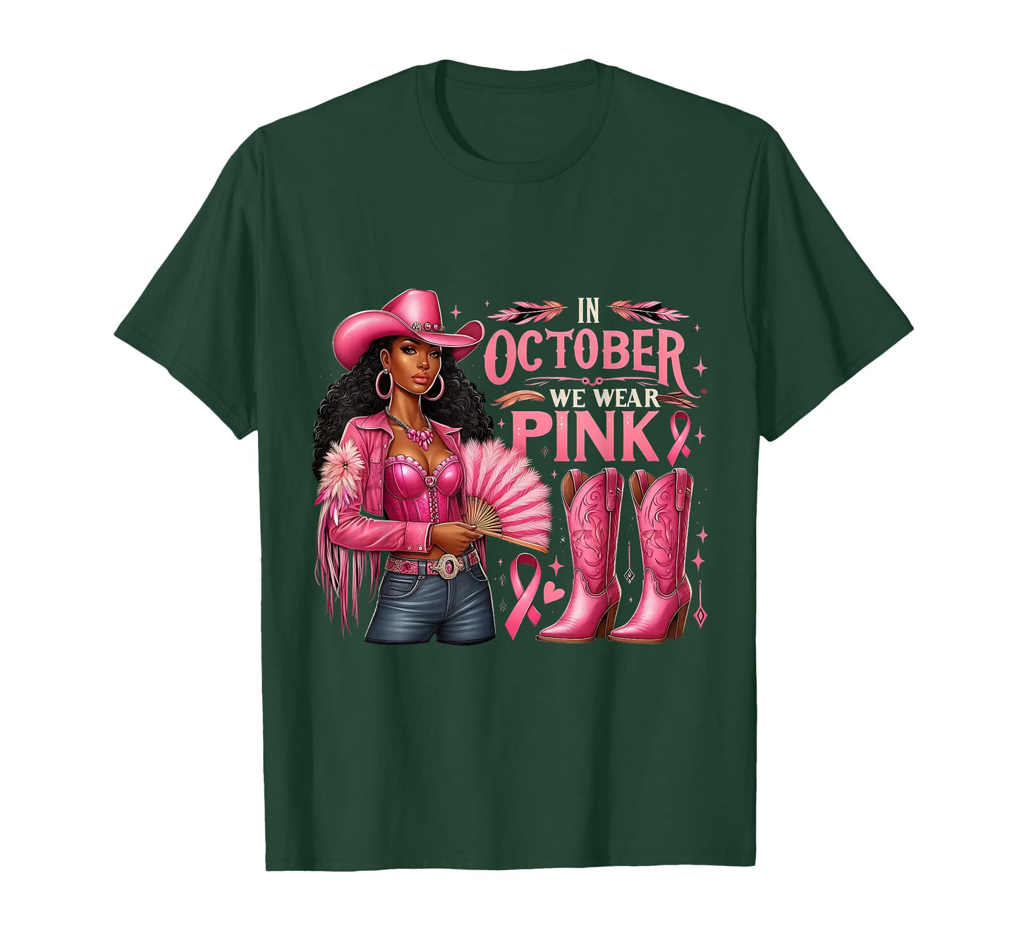 in October We Wear Pink Cowgirl Melanin Rodeo Breast Cancer T-Shirt