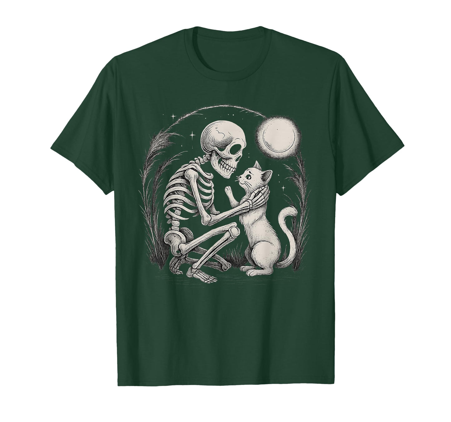 Skeleton Cat Moon Night Halloween Funny Cute Men Women Lazy T-Shirt
