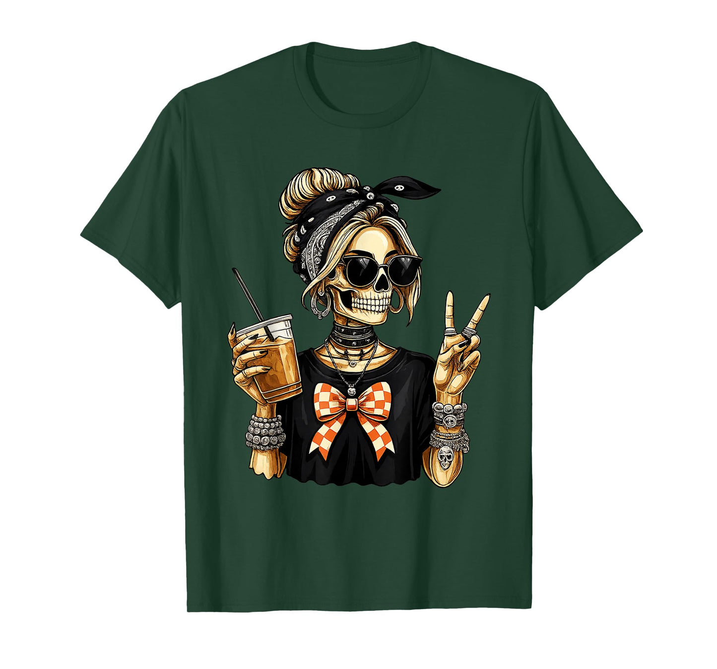 Skeleton Girl Drinking Coffee Peace Sign Graphic for Women T-Shirt