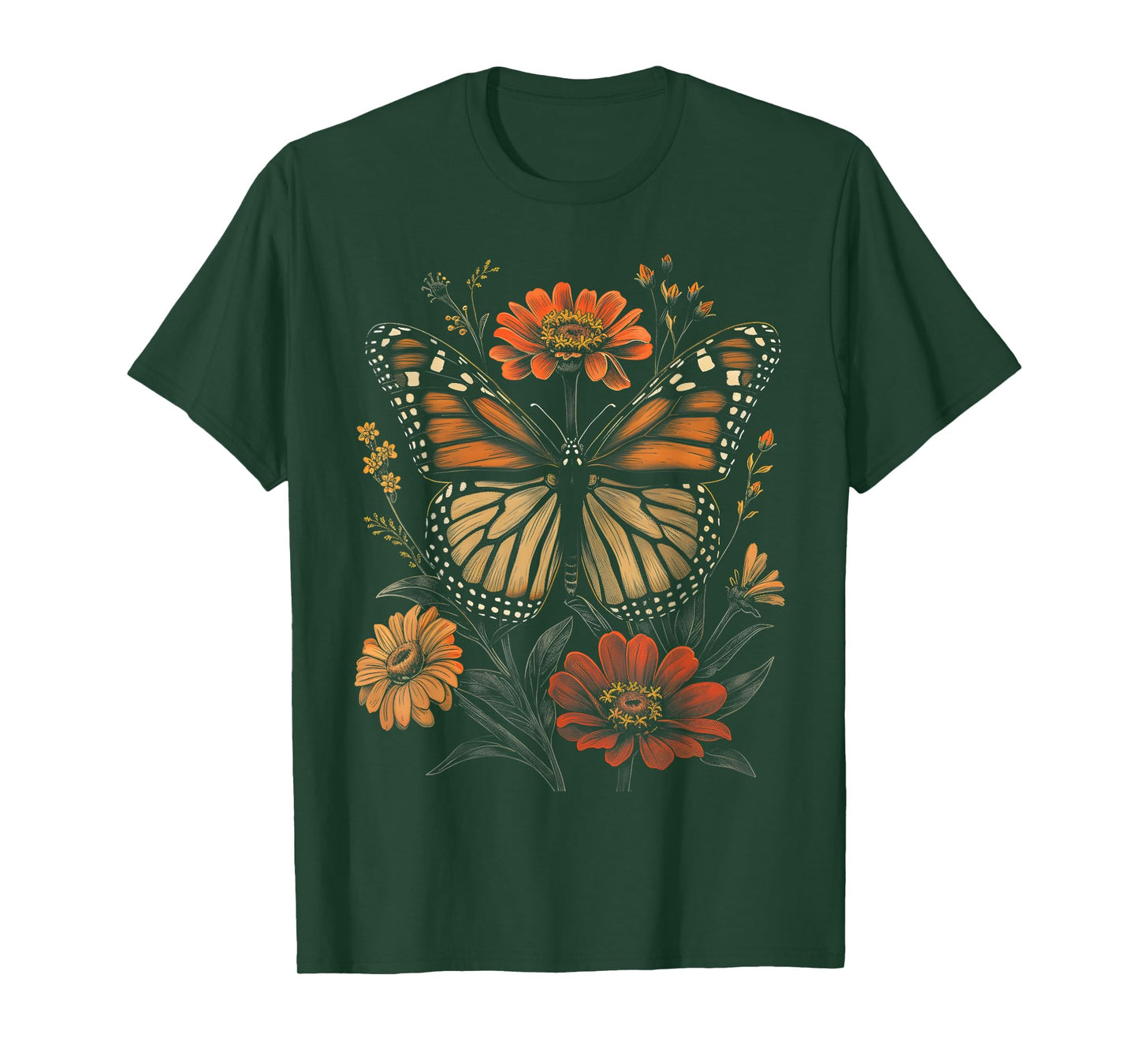 Vintage Monarch Butterfly Zinnias Flower Girl Plant Mom T-Shirt
