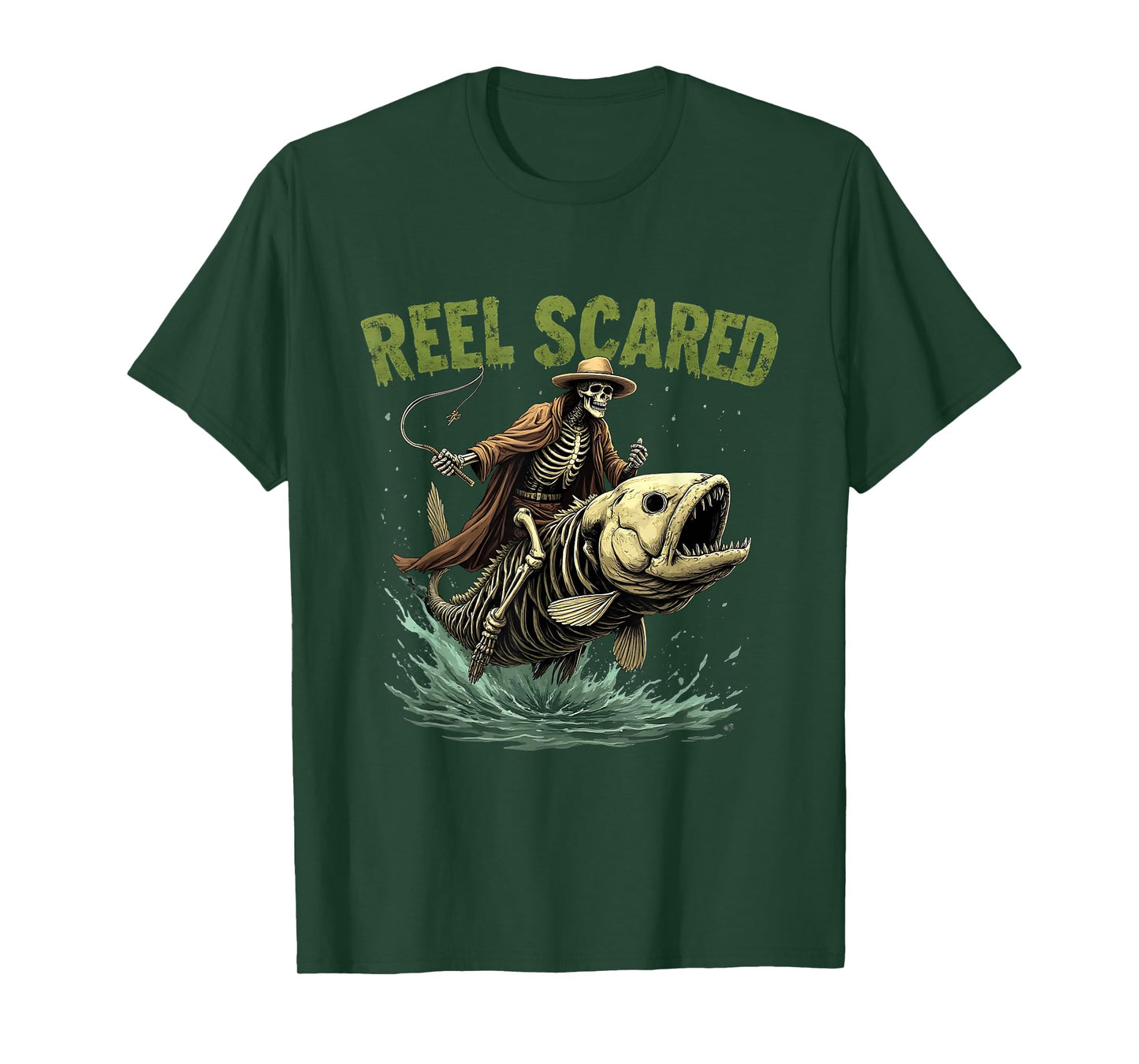 Fisherman Skeleton Funny Retro Reel Scared Halloween Fishing T-Shirt