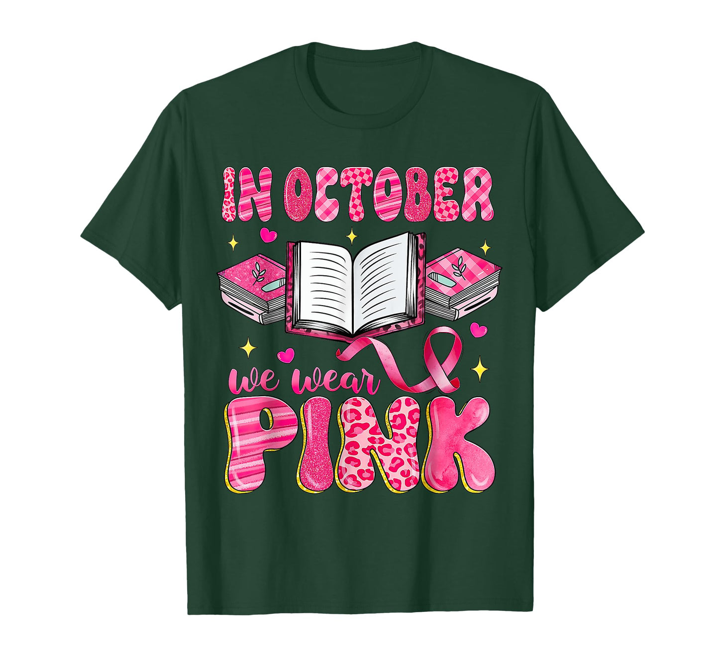 In October We Wear Pink Book Teacher Leopard Breast Cancer T-Shirt