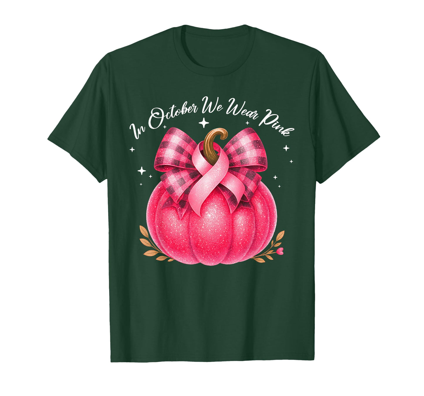 in October We Wear Pink Pumpkin Breast Cancer Coquette Bow T-Shirt