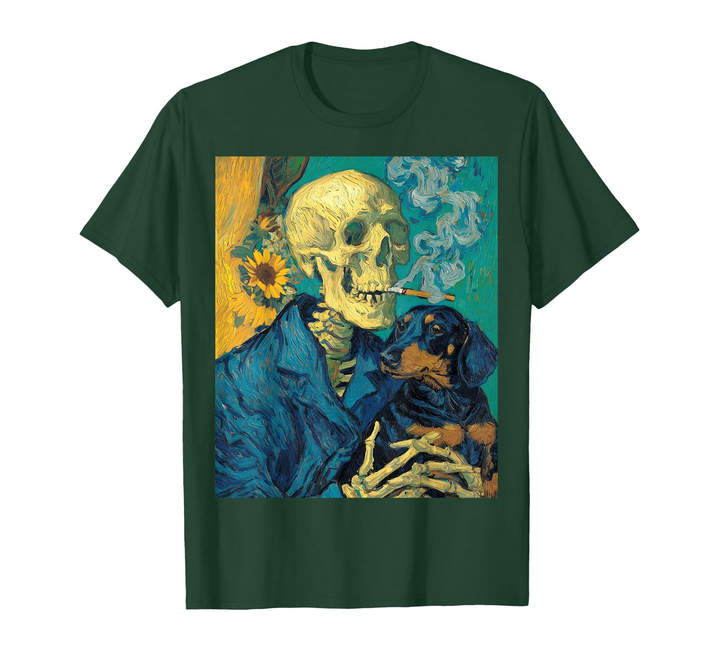 Skull of a Skeleton with Burning Cigarette Dachshund Dog Art T-Shirt