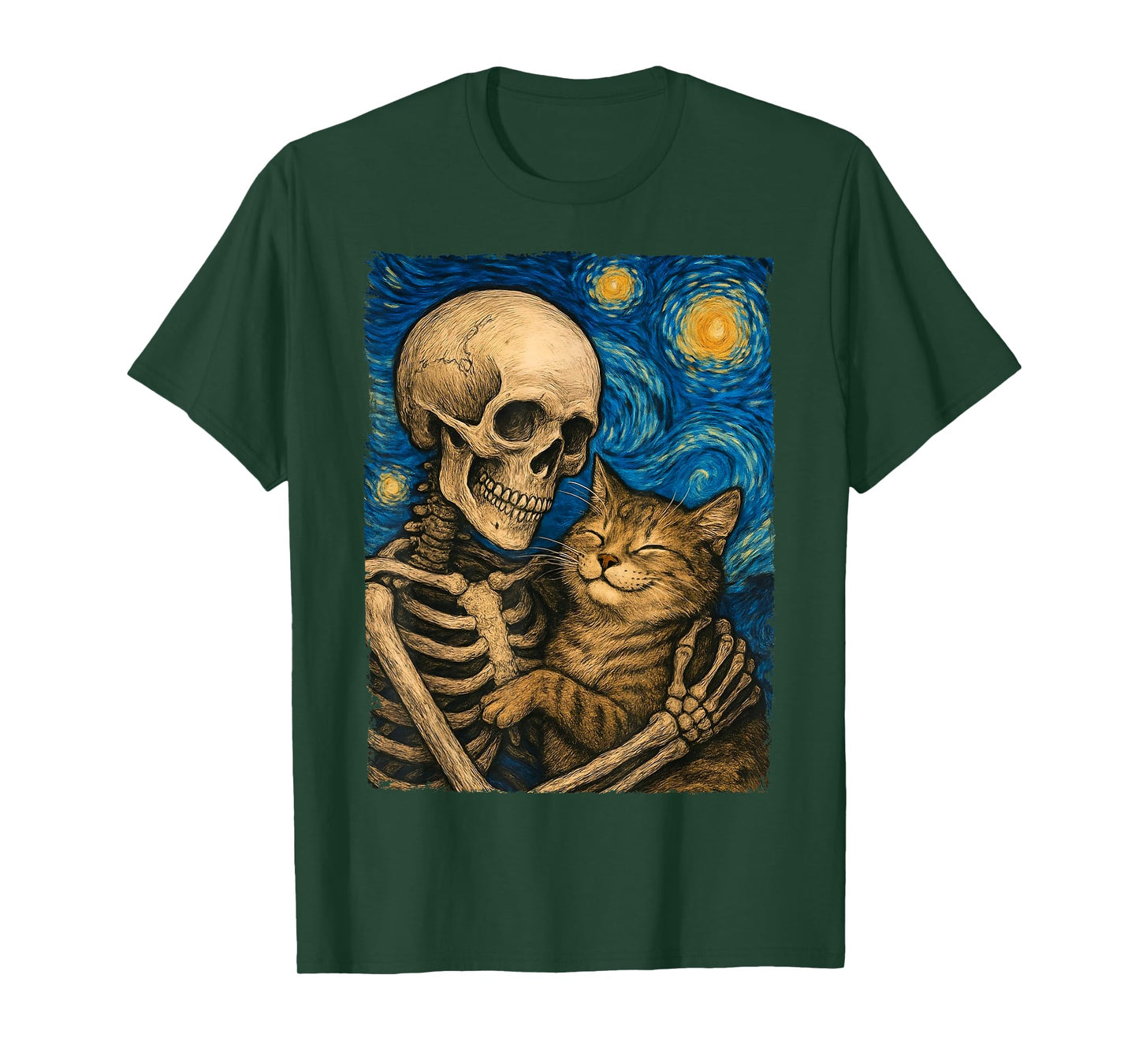 Skeleton Hugging Cat Starry Night Cute Halloween Cats Lover T-Shirt