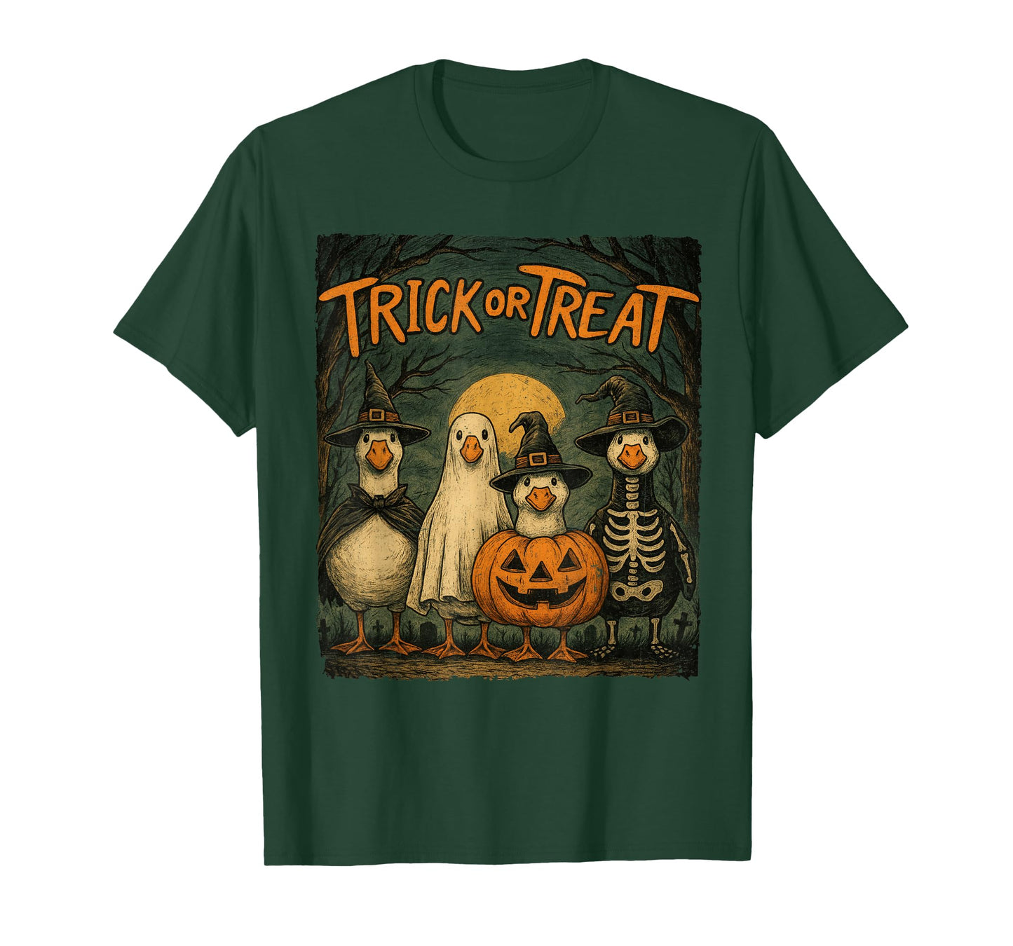 Trick or Treat Funny Halloween Goose Pumpkin Ghost Skeleton T-Shirt