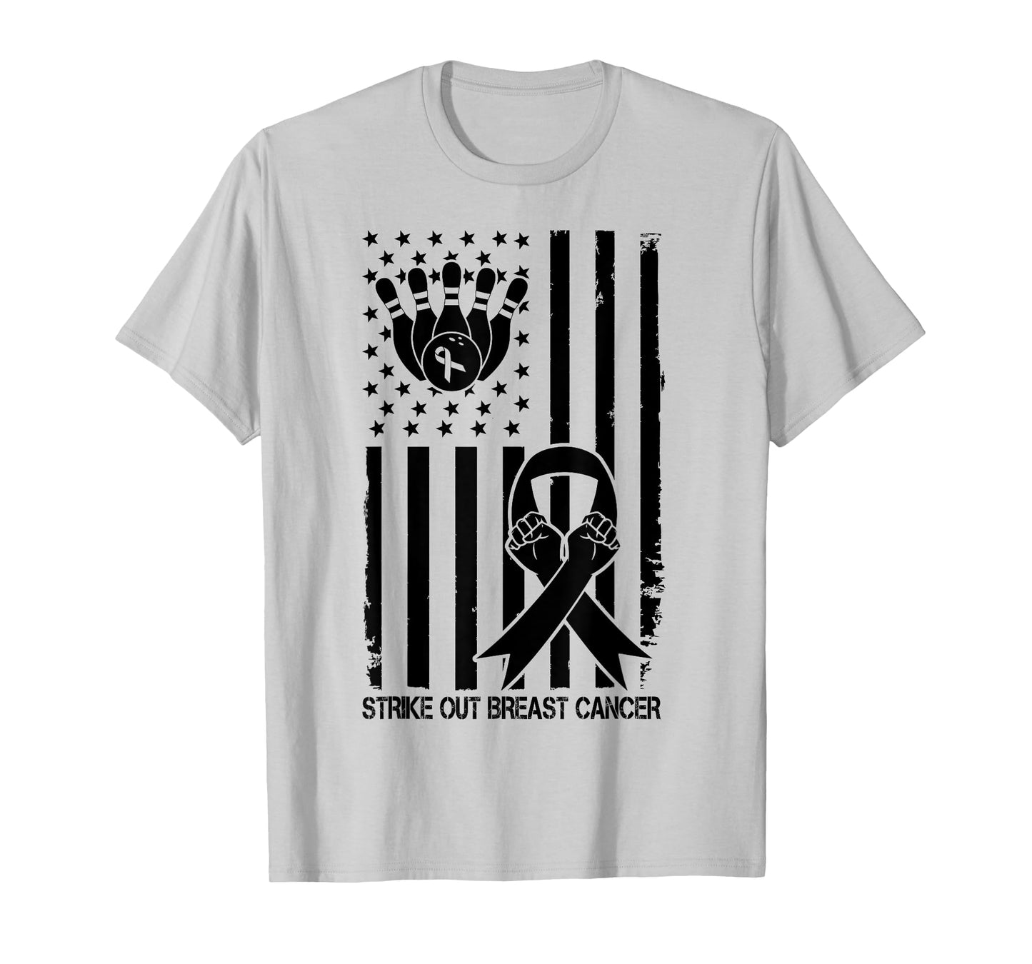 Strike Out Bowling Ribbon USA Flag Breast Cancer Awareness T-Shirt for Women Kids Men