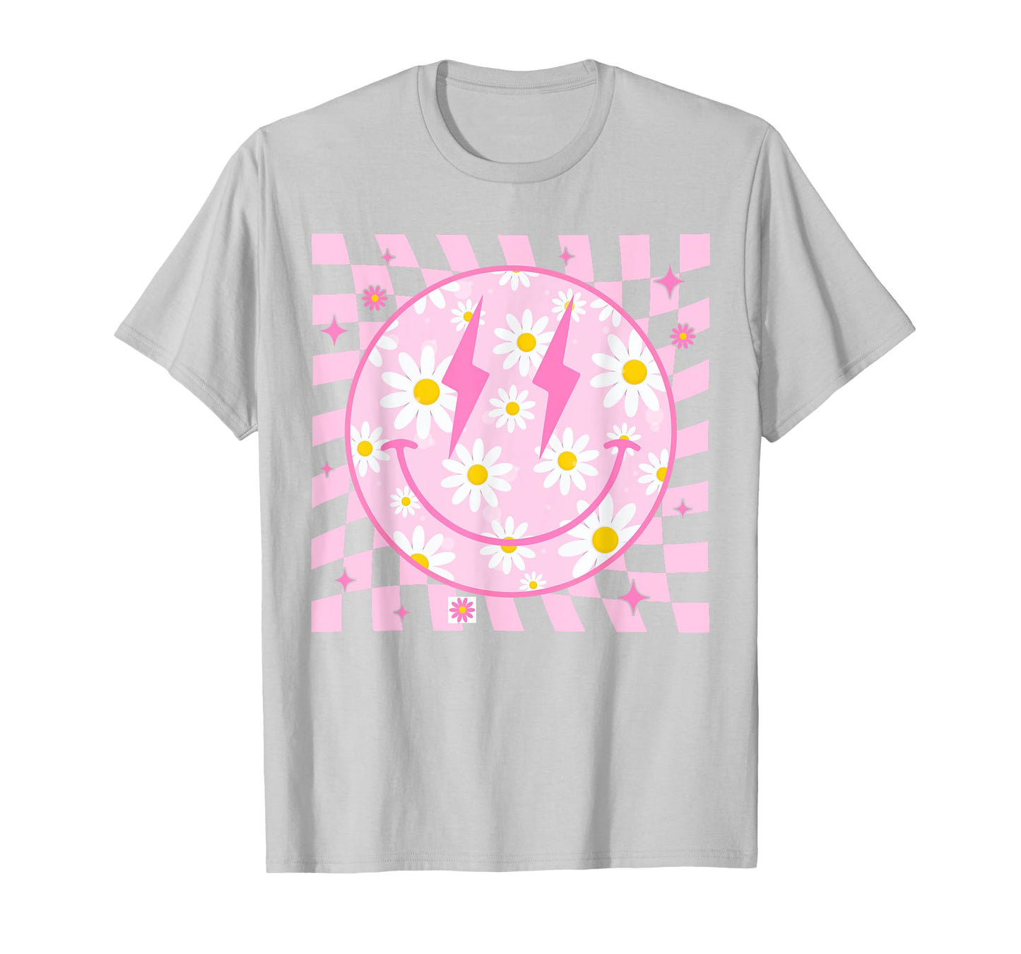 Retro Happy Smile Face Checkered Pattern Pink Daisy Flower T-Shirt