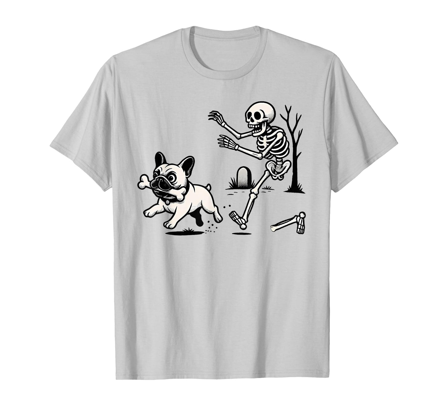 Funny Halloween French Bulldog Steals Bone from Skeleton T-Shirt