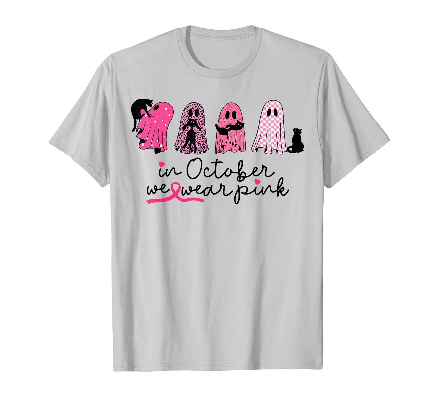 in October We Wear Pink Ghost Cat Halloween Breast Cancer T-Shirt