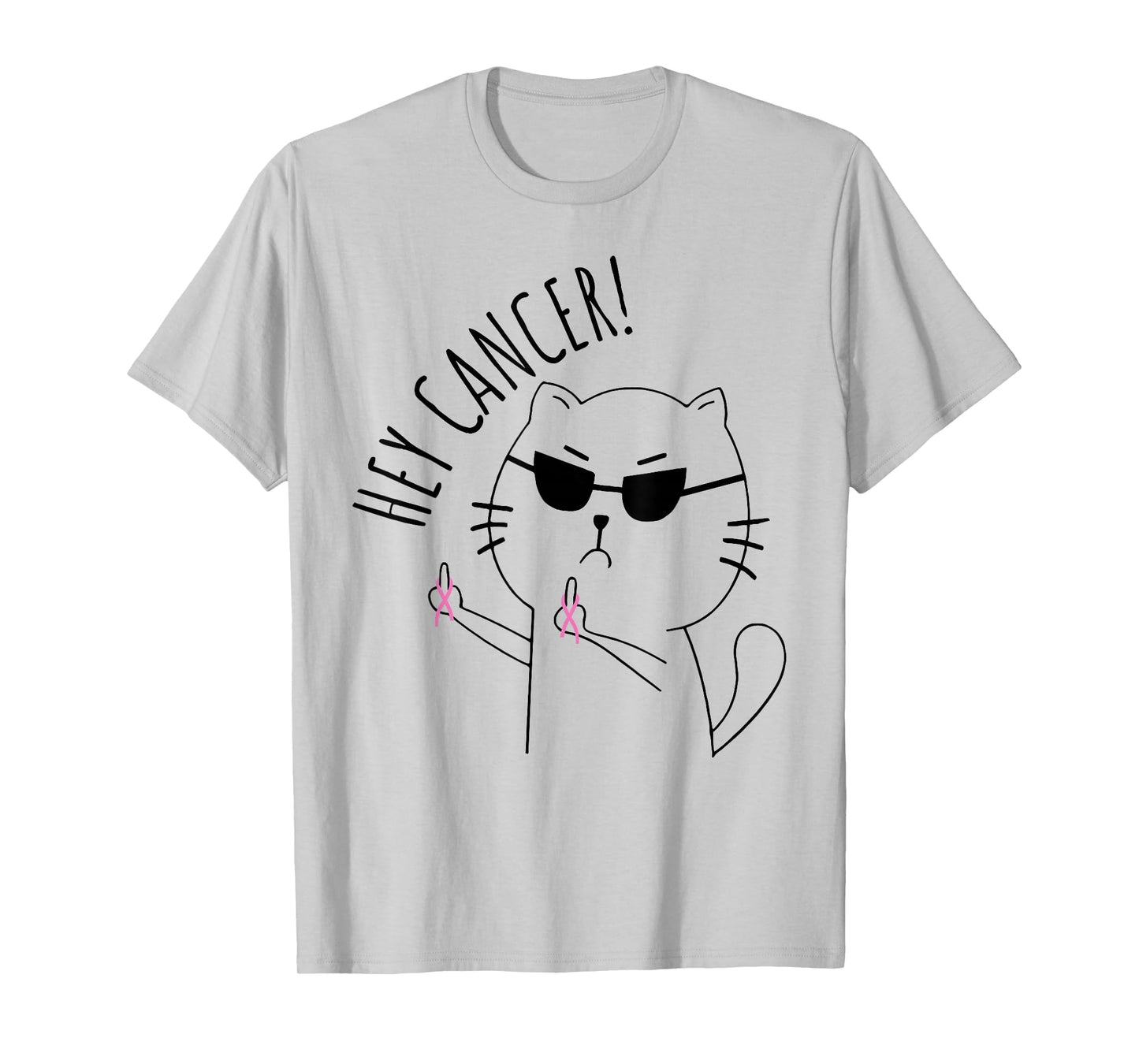 Hey Cancer Funny Cat Pink Ribbon Breast Cancer Awareness T-Shirt