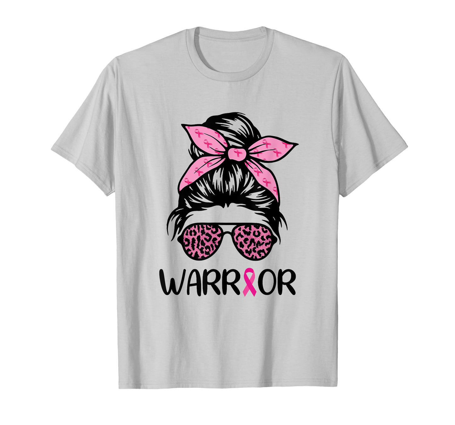 Warrior Breast Cancer Awareness Messy Bun Leopard Pink T-Shirt