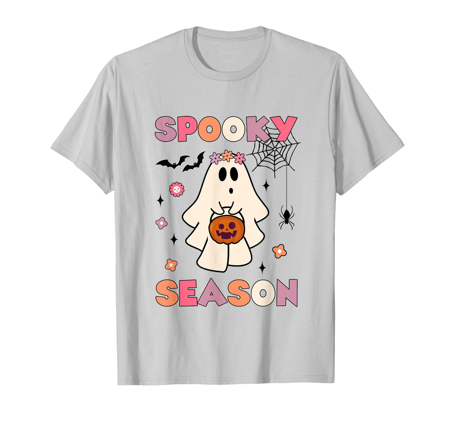 Funny Ghost Holding Pumpkin Halloween Groovy Spooky Season T-Shirt