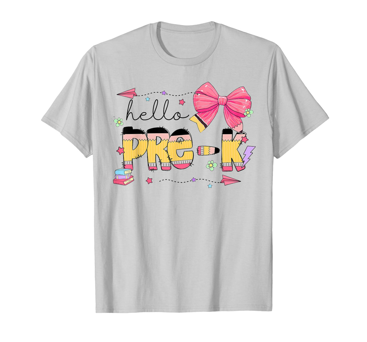 Back To School Hello Pre-k Teacher Coquette Pencil Bow T-Shirt