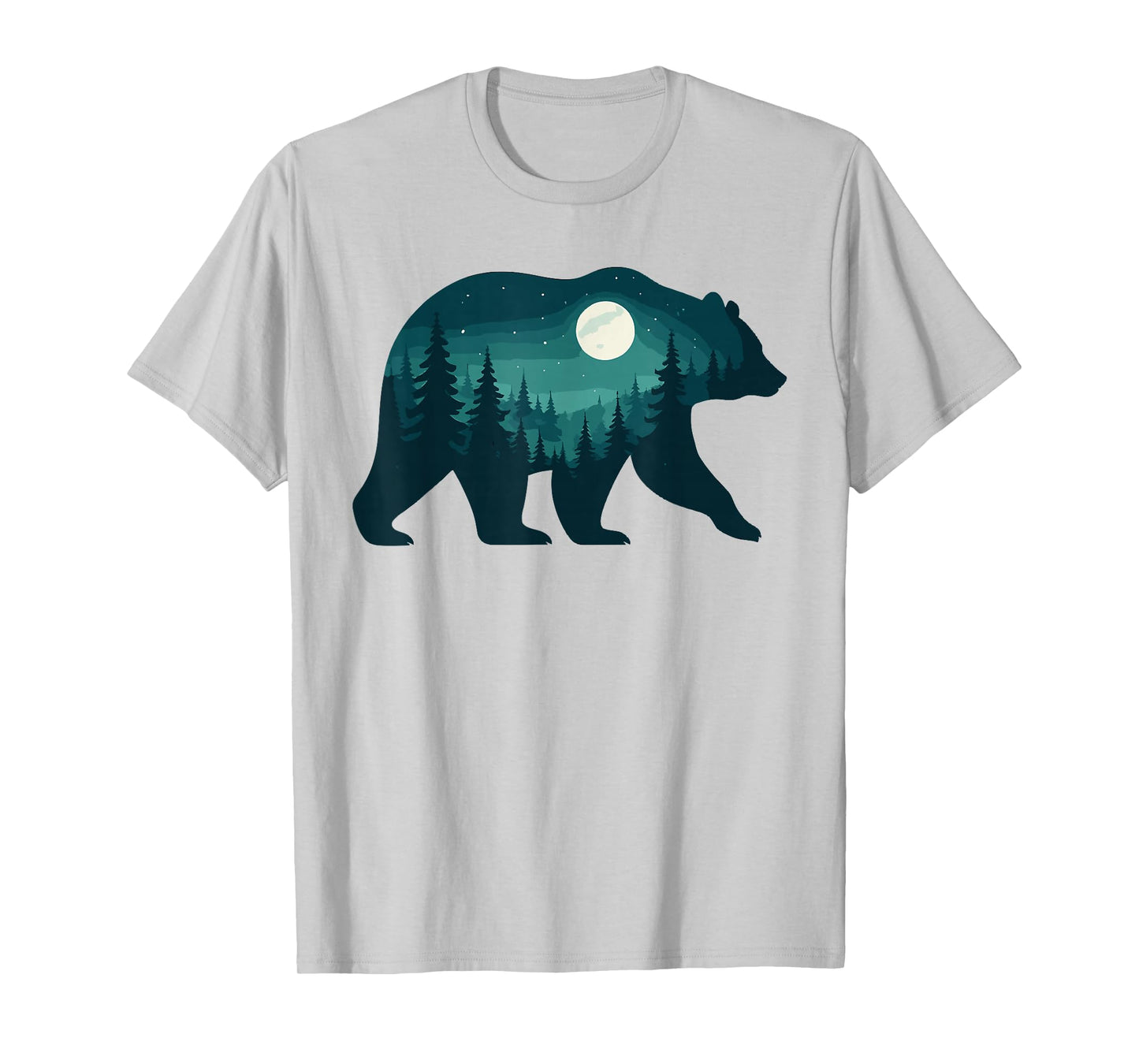 Bear Silhouette Forest Scene Under Full Moon Graphic T-Shirt
