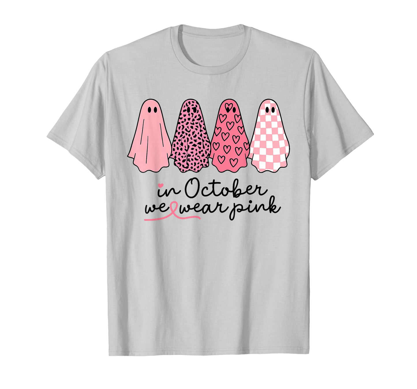 Breast Cancer Ghost in October We Wear Pink Halloween Spooky T-Shirt