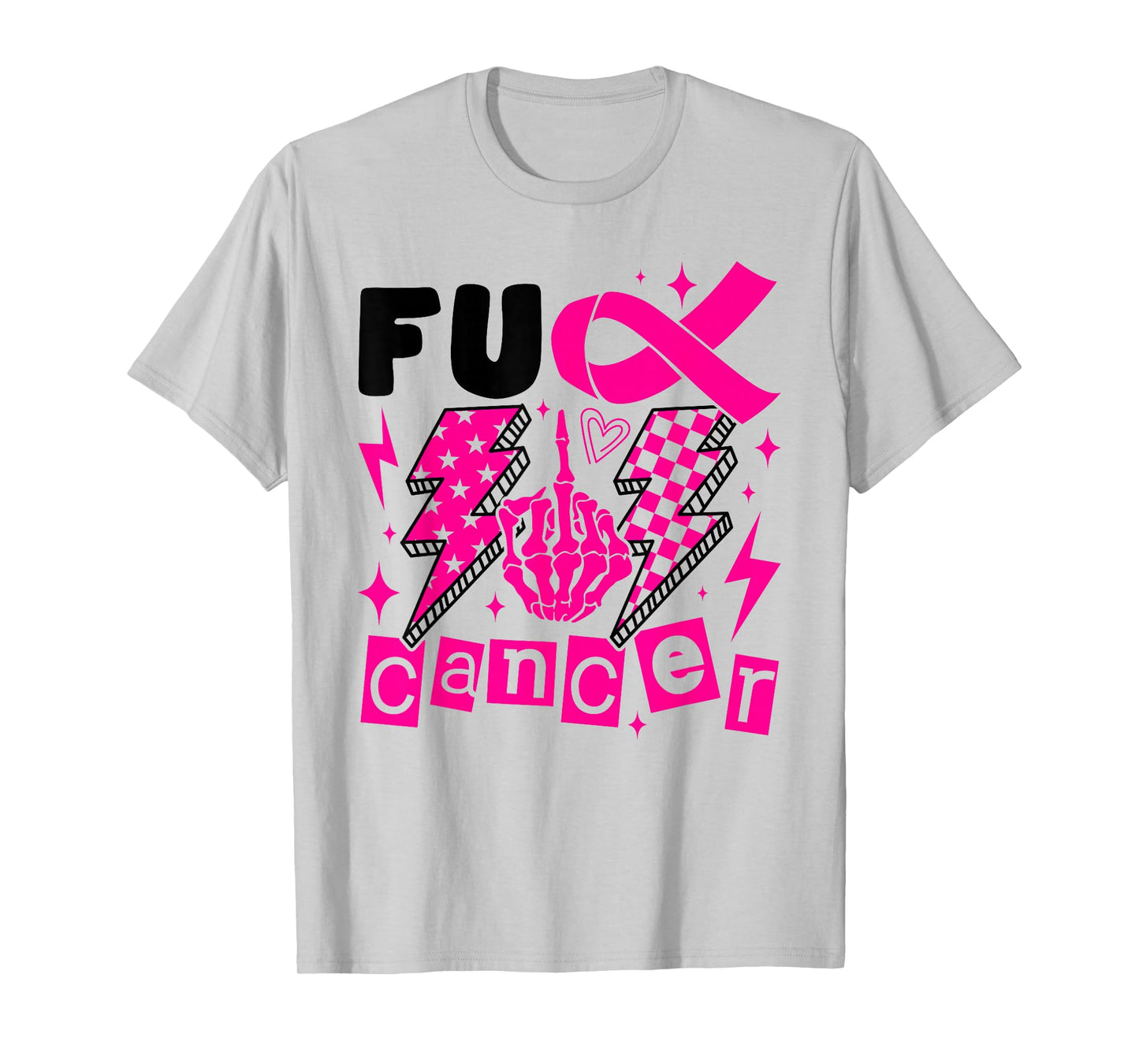 Breast Cancer Awareness Fight Hand Checkered Lightning Bolt T-Shirt