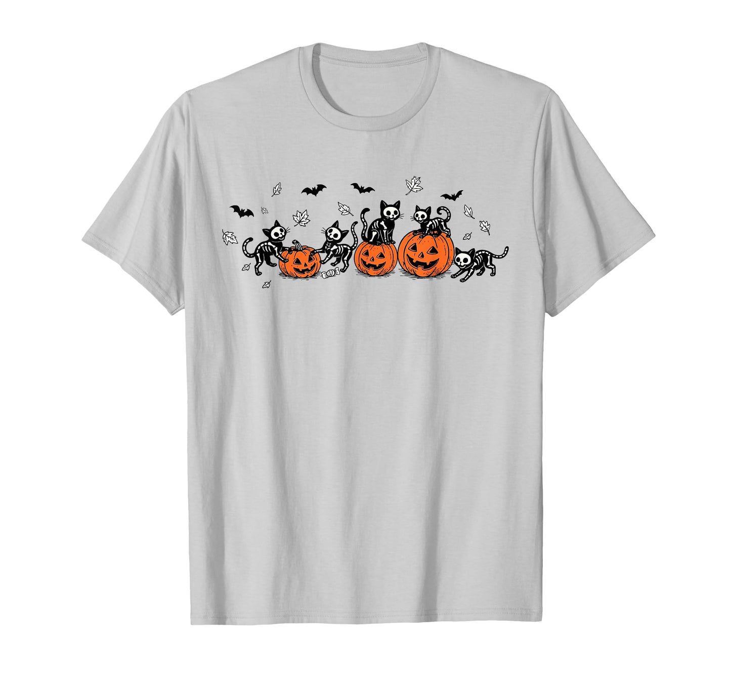 Funny Skeleton Black Cat Pumpkin Face Autumn Vibes T-Shirt
