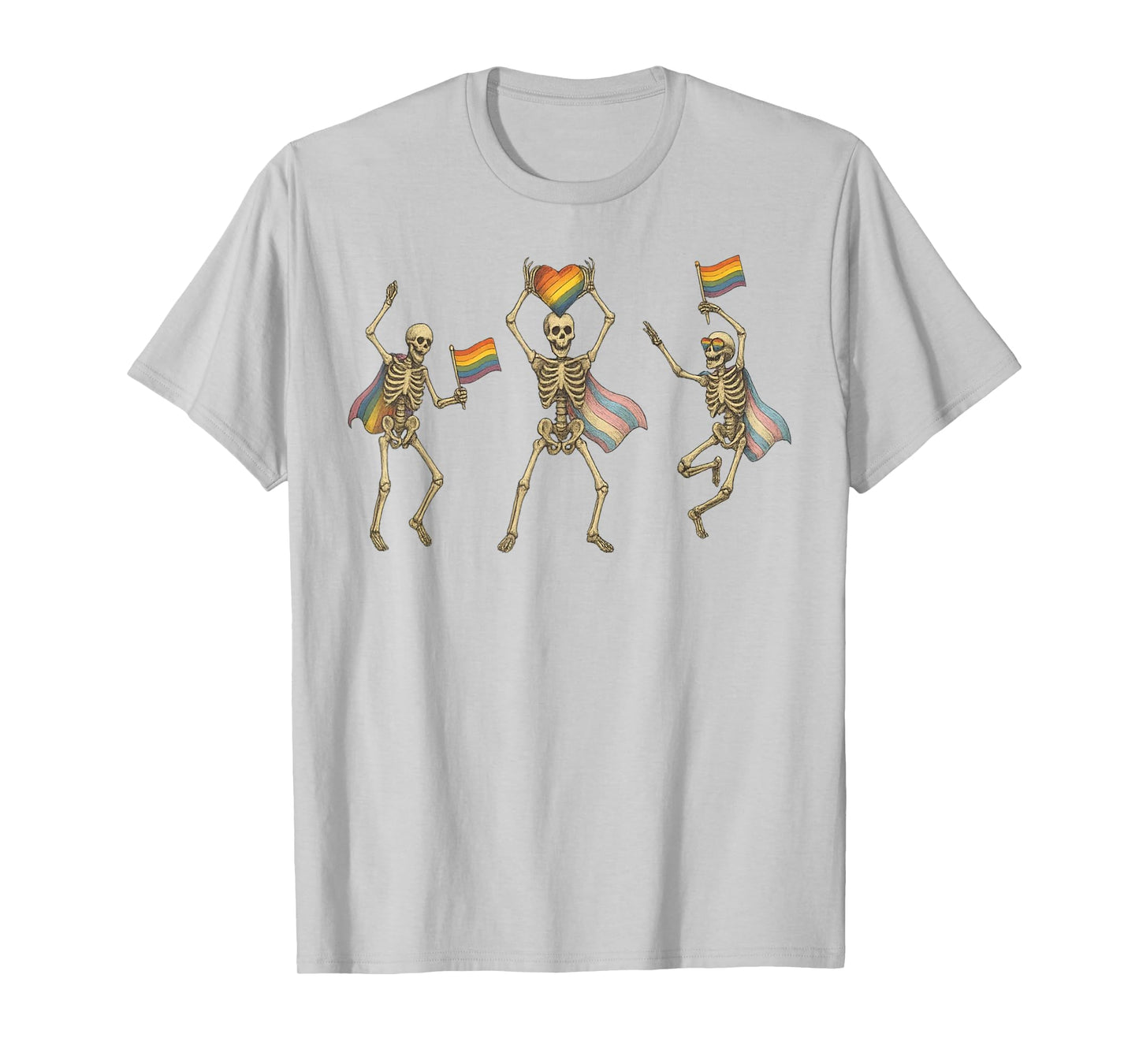 Pride Cute Spooky Skeleton Holding Rainbow Flags Retro Art T-Shirt