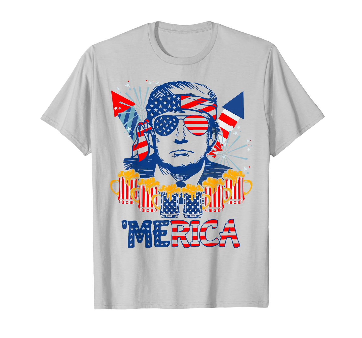 'MERICA TRUMP Drink Beer 4th Of July American Flag Fireworks T-Shirt for Women Men