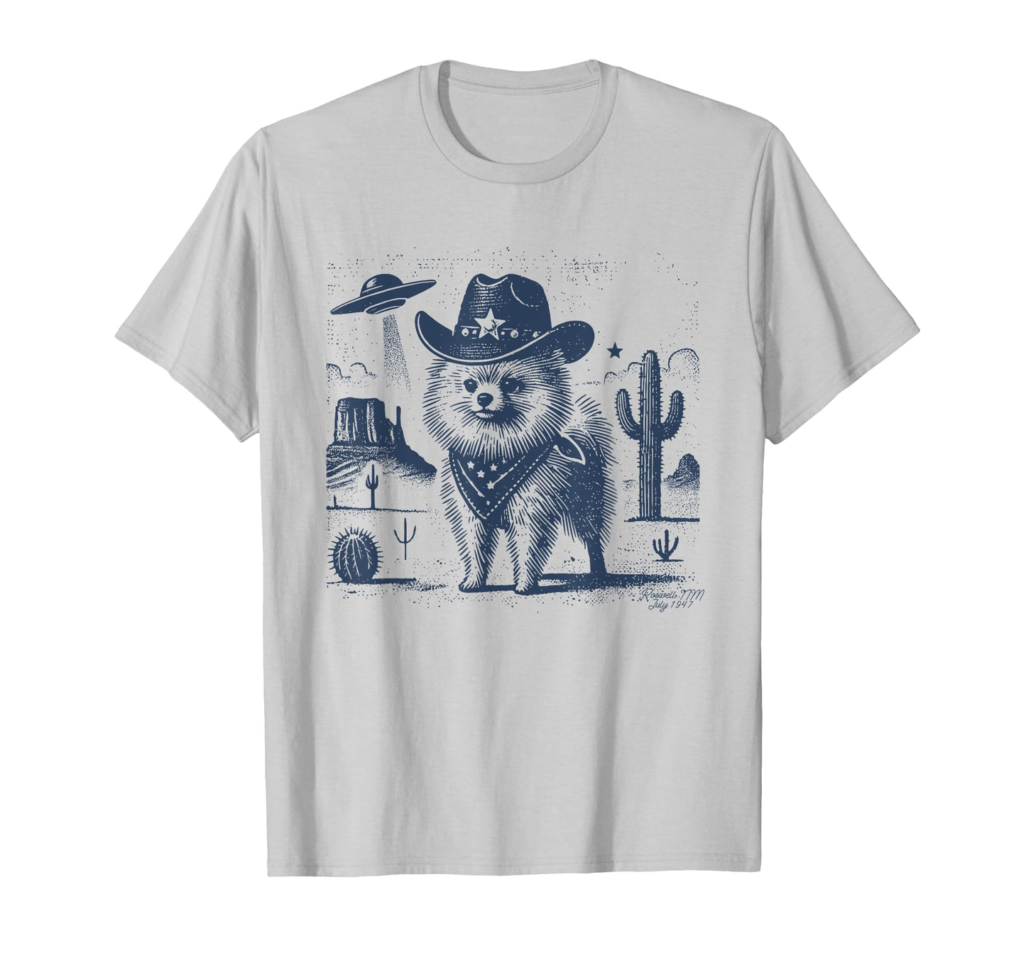 Pomeranian Cowboy Dog Vintage UFO Wild Western Desert Alien T-Shirt