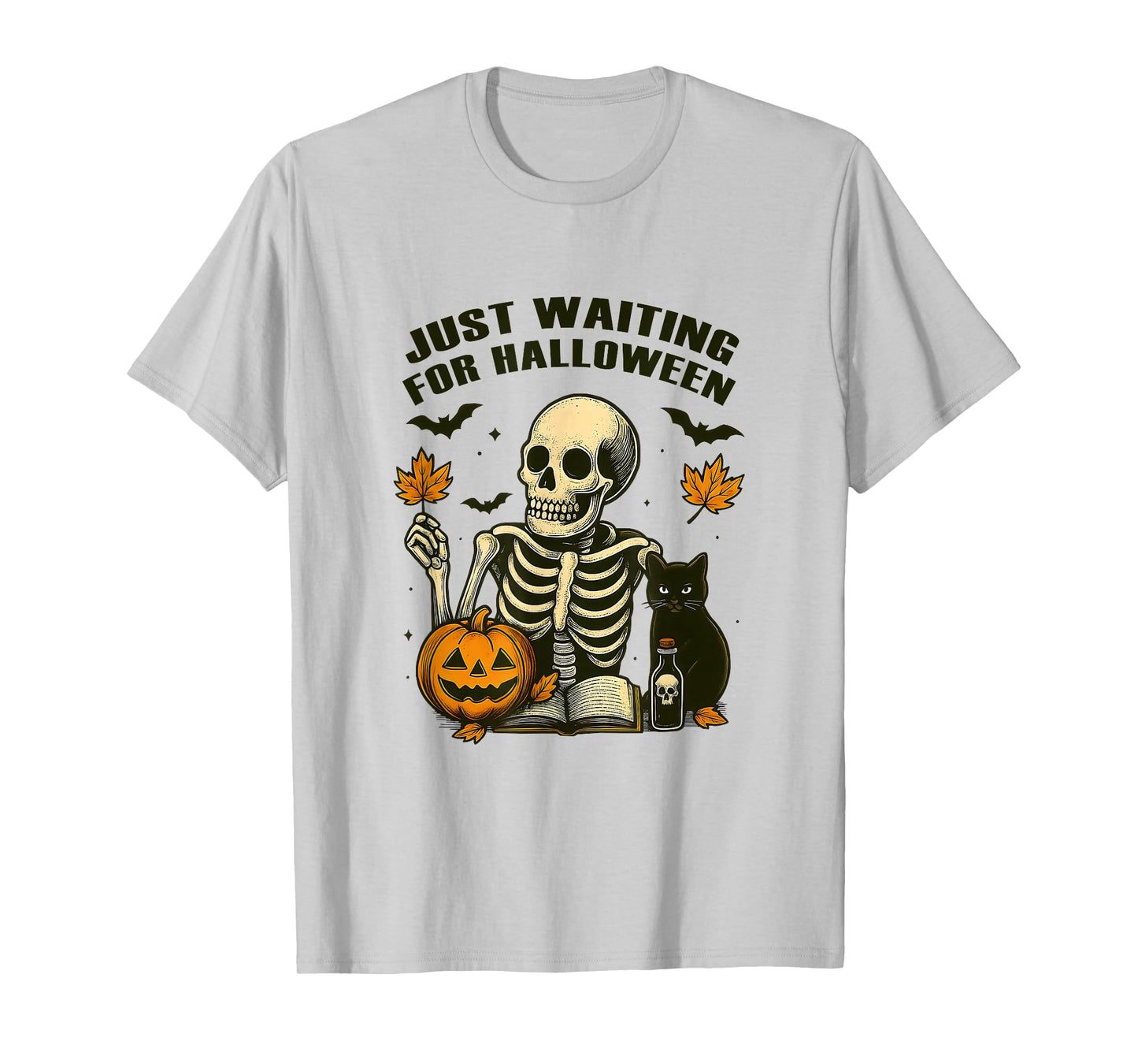 Just Waiting for Halloween Spooky Skeleton Pumpkin with Cat T-Shirt