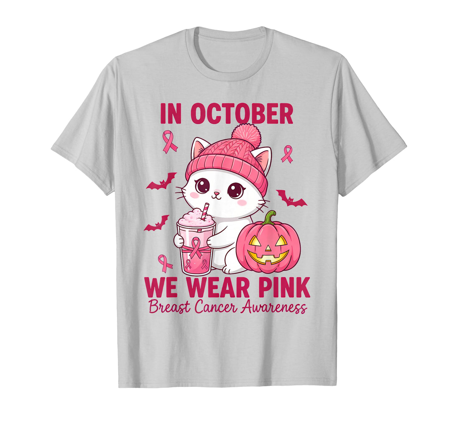in October We Wear Pink Cat Breast Cancer Awareness T-Shirt