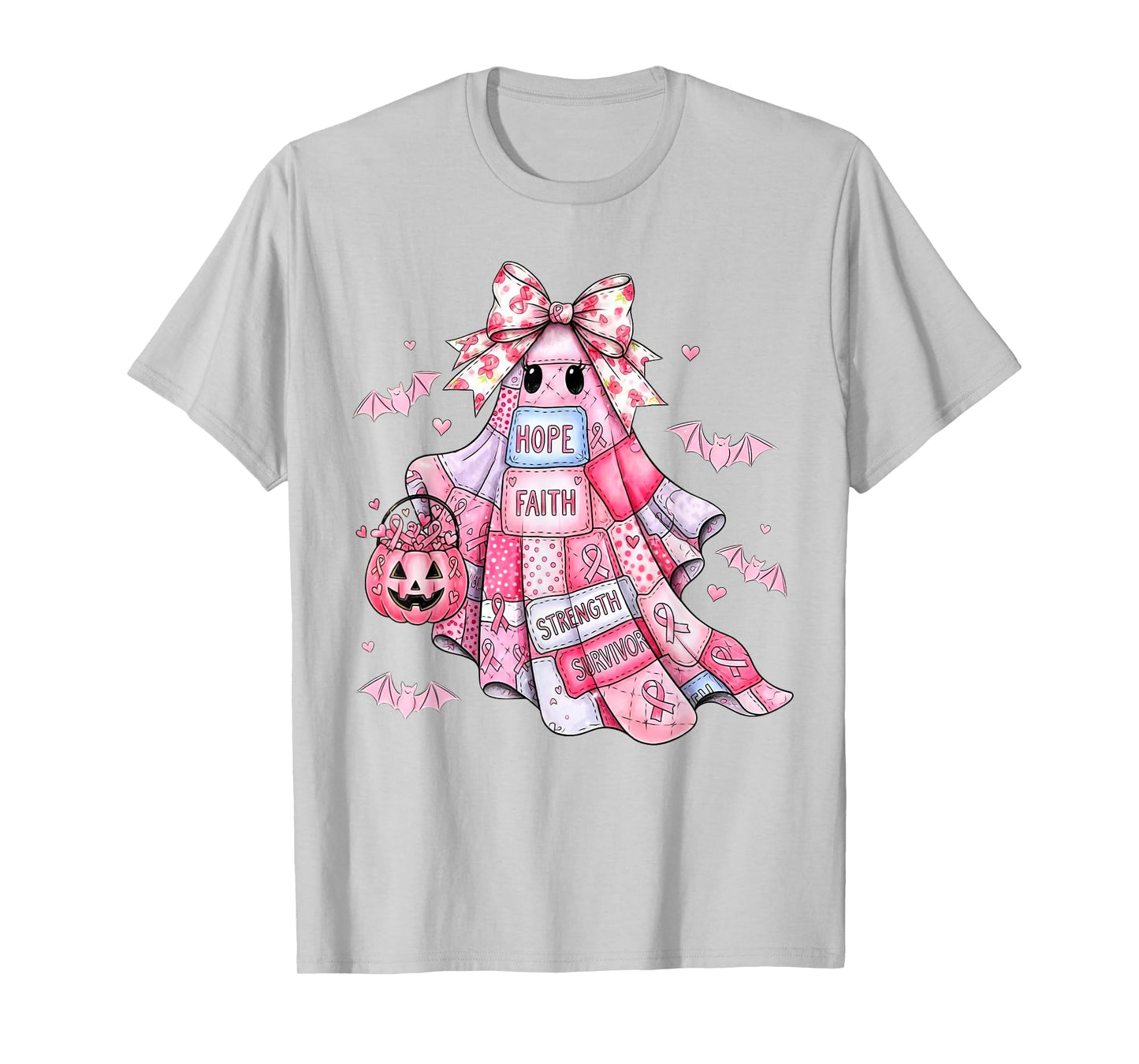 Patchwork Coquette Bow Breast Cancer Ghost Halloween Denim T-Shirt