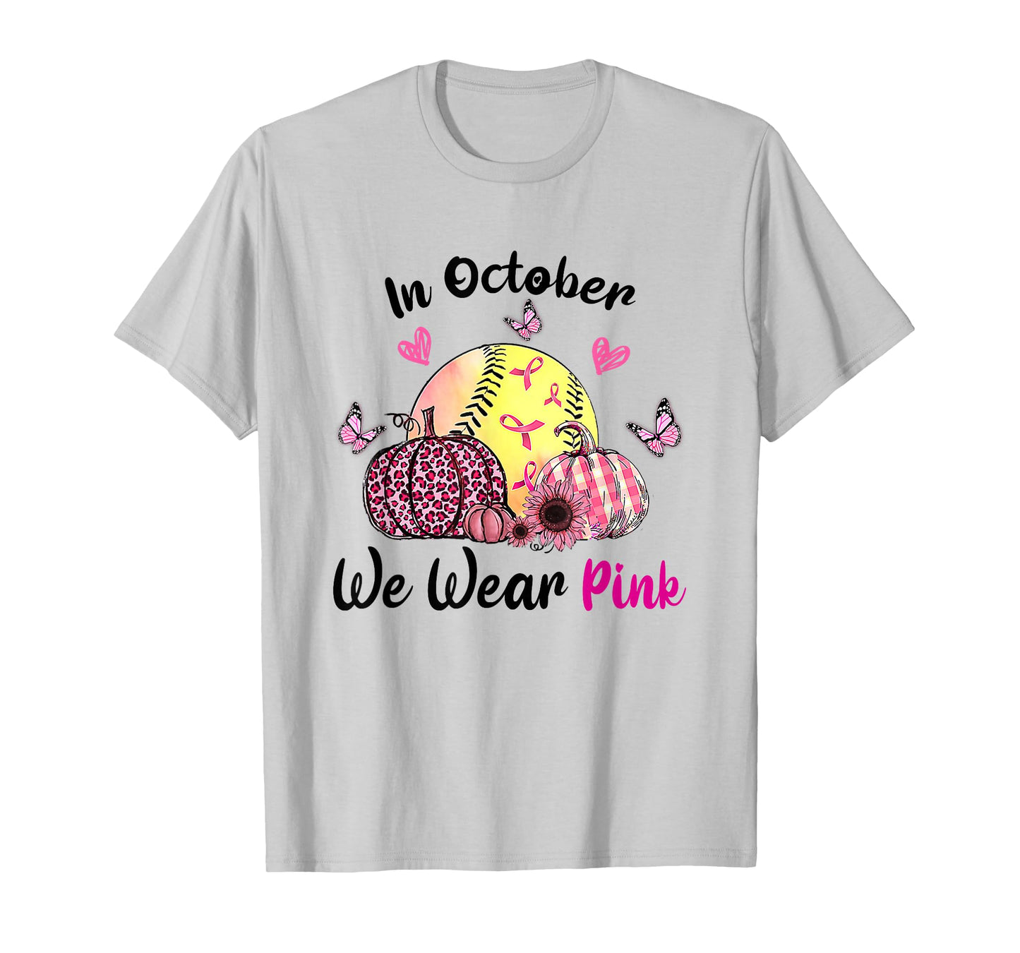 in October We Wear Pink Softball Breast Cancer Awareness T-Shirt