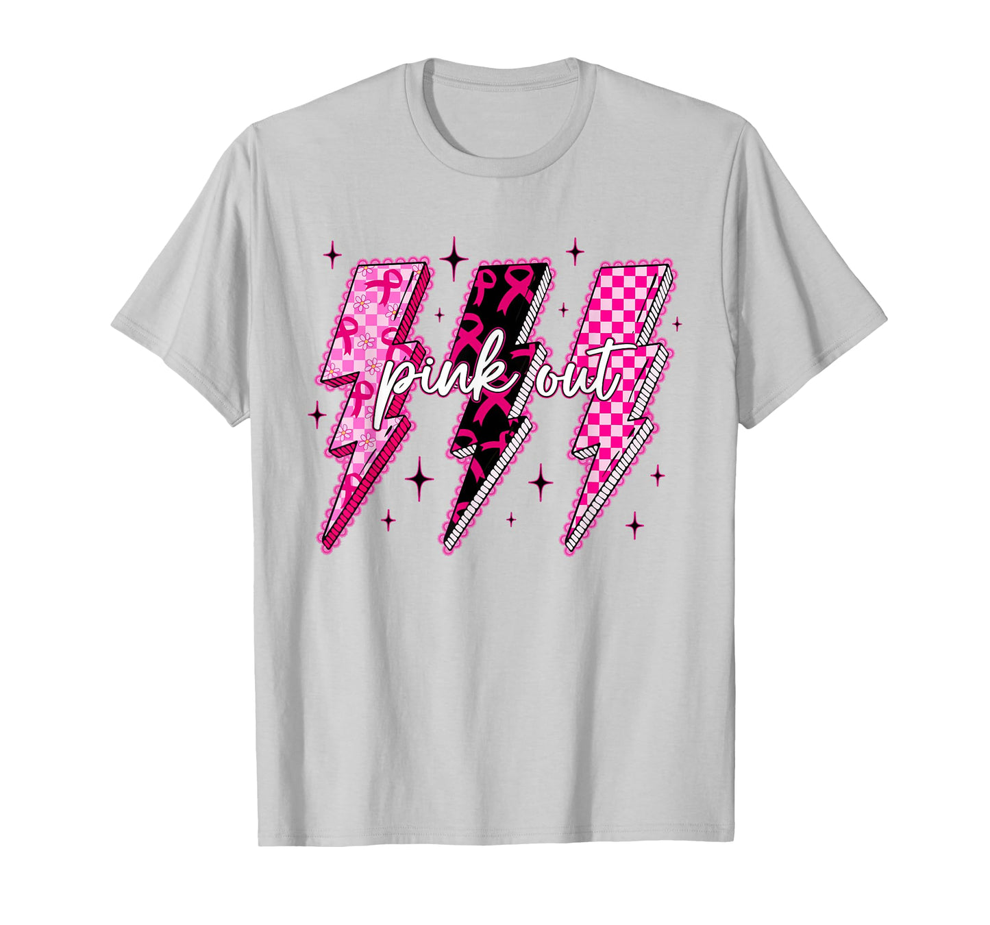 Checkered Lightning Bolt Pink Out Breast Cancer Awareness T-Shirt