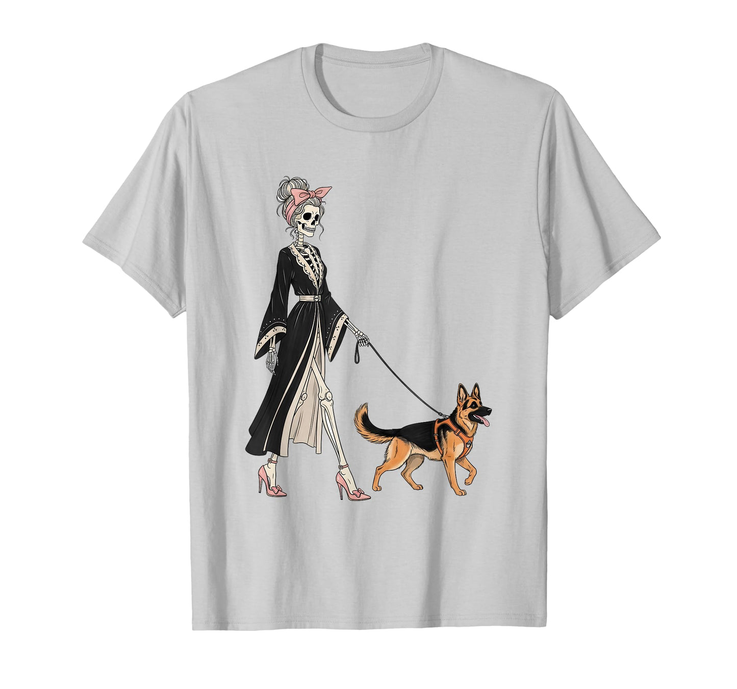 Skeleton German Shepherd Dog Walking Halloween Women T-Shirt