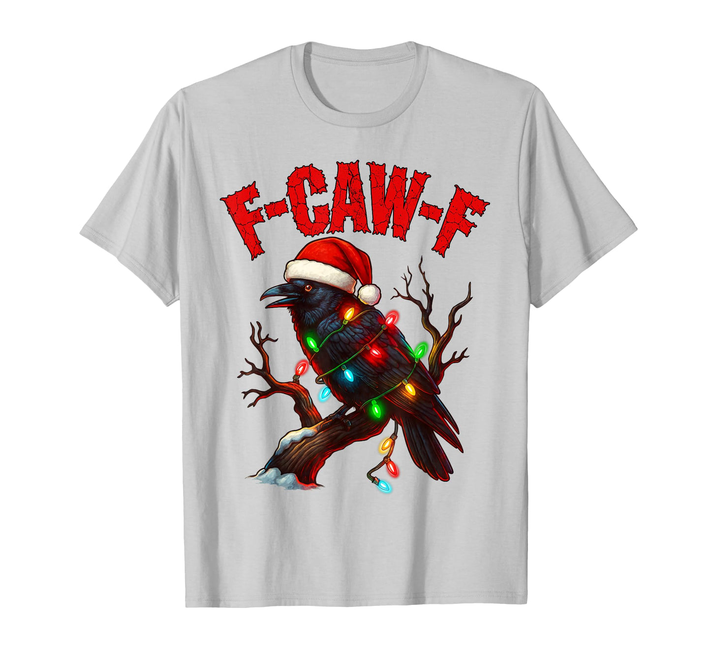 Black Crow F-Caw-F Funny Retro Christmas Lights Santa hat T-Shirt