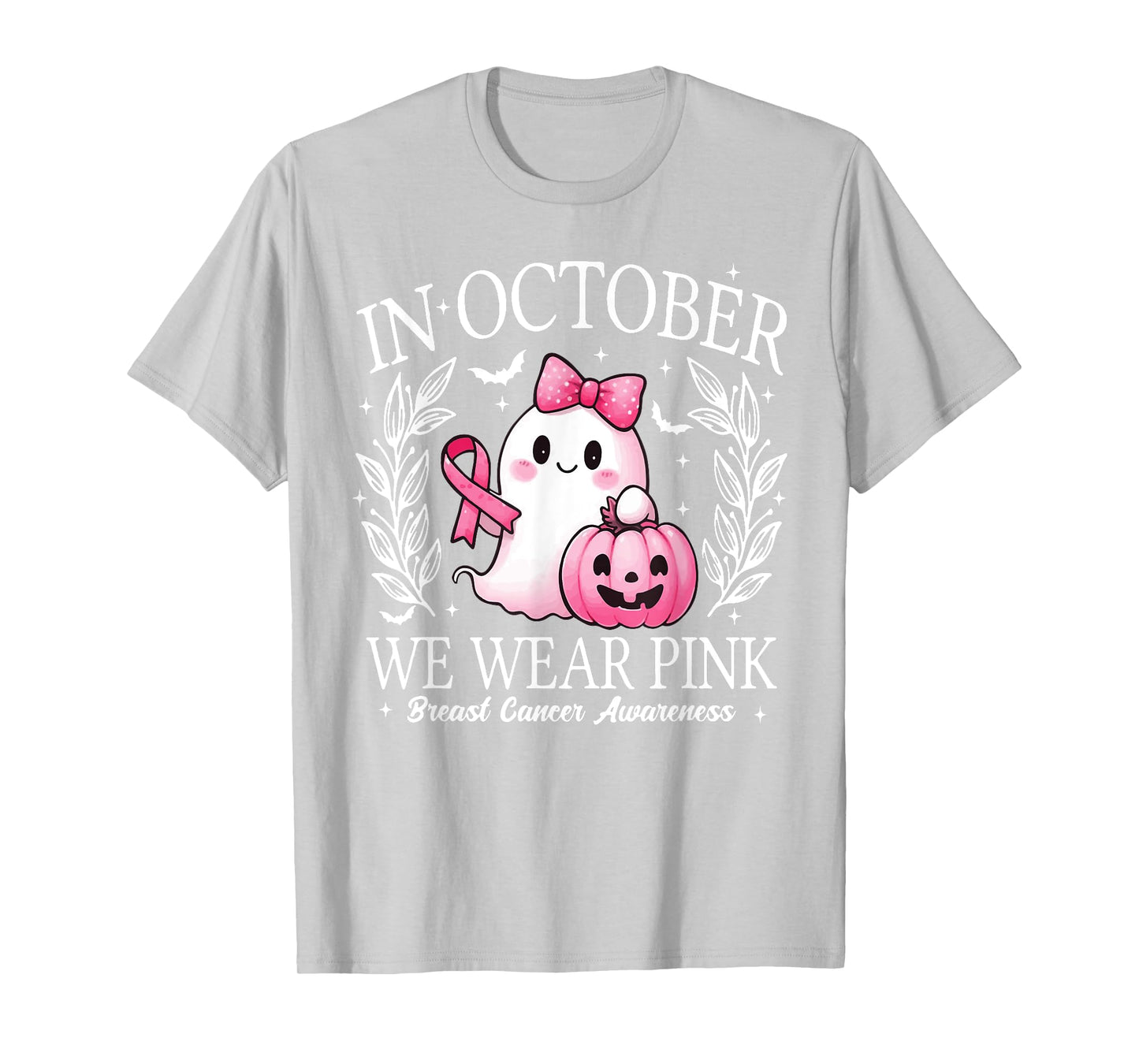 in October We Wear Pink Ghost Witch Breast Cancer Awareness T-Shirt