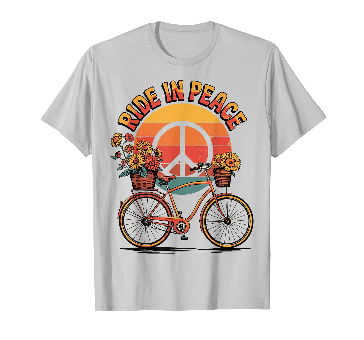 Ride In Peace Bicycle Retro Hippie Floral Sunset T-Shirt