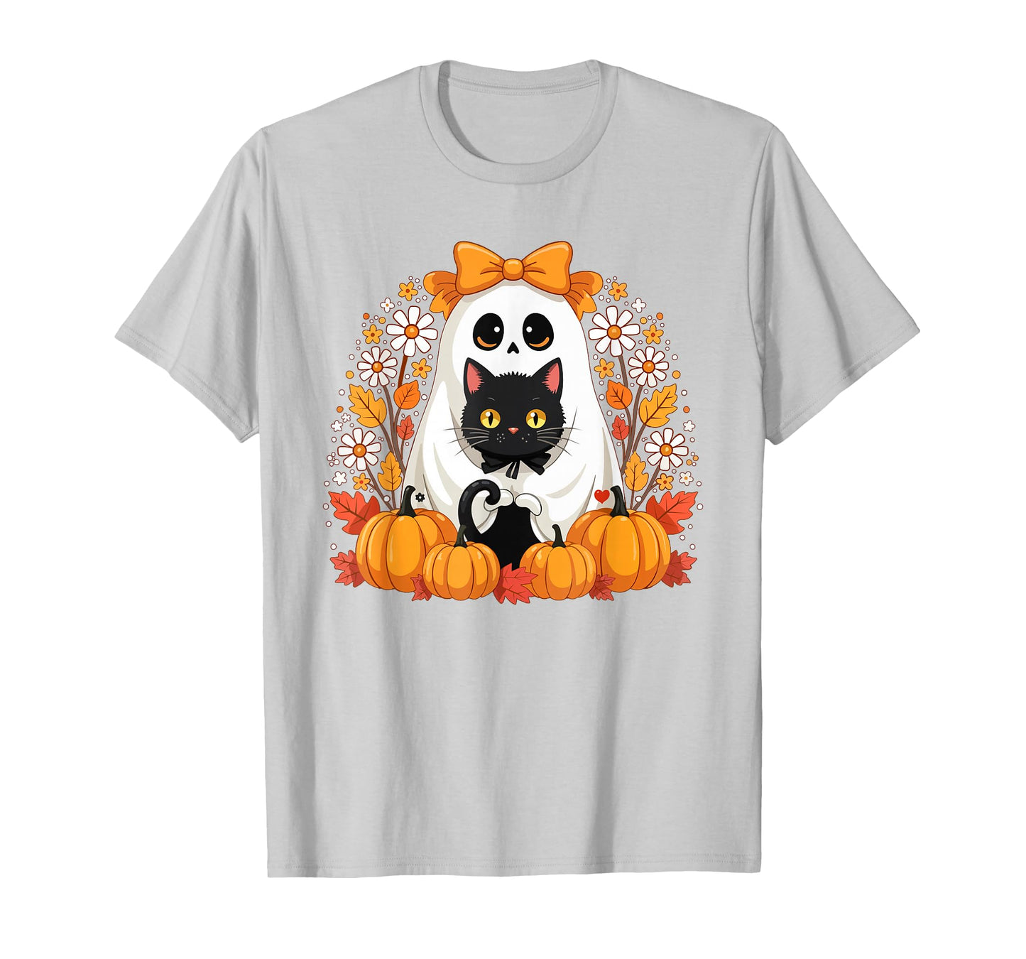 Aesthetic Flower Ghost Holding Black Cat Halloween Women T-Shirt