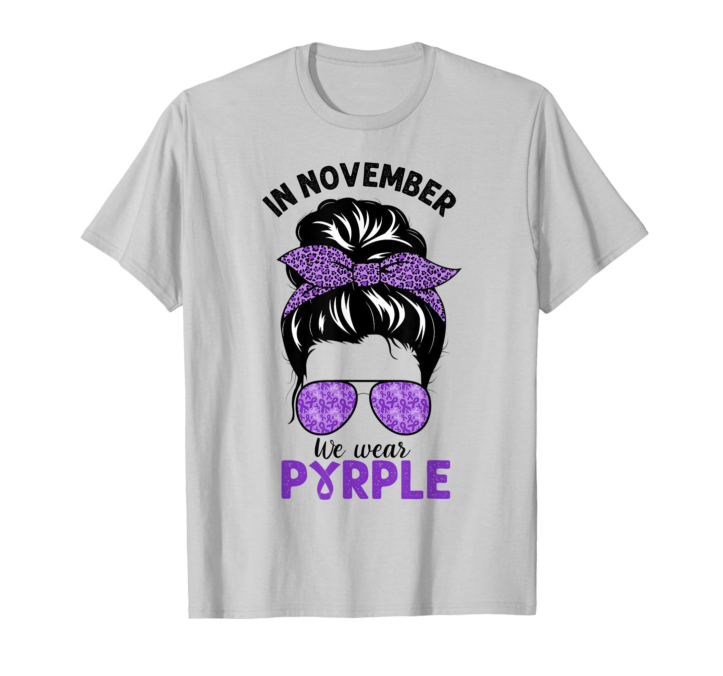 In November We Wear Purple Pancreatic Cancer Messy Bun T-Shirt