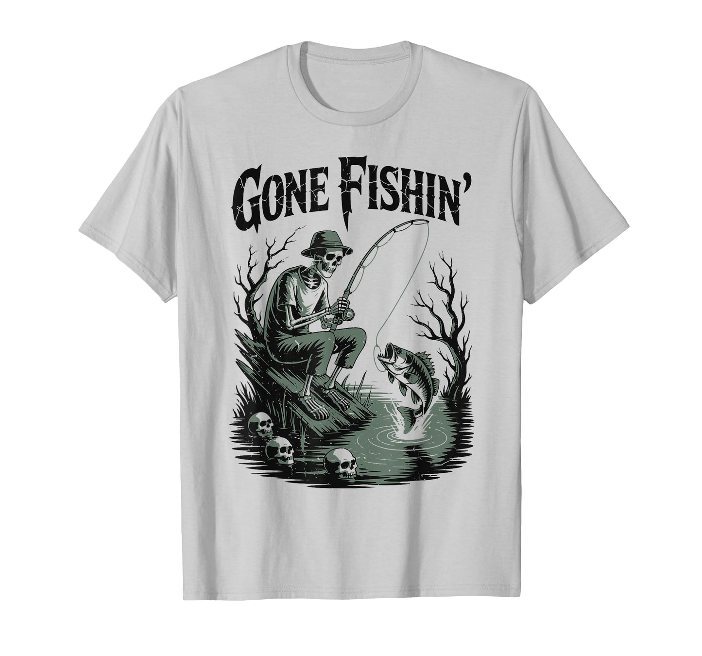 Gone Fishing Skeleton Halloween Bass Fish Funny Fisherman T-Shirt