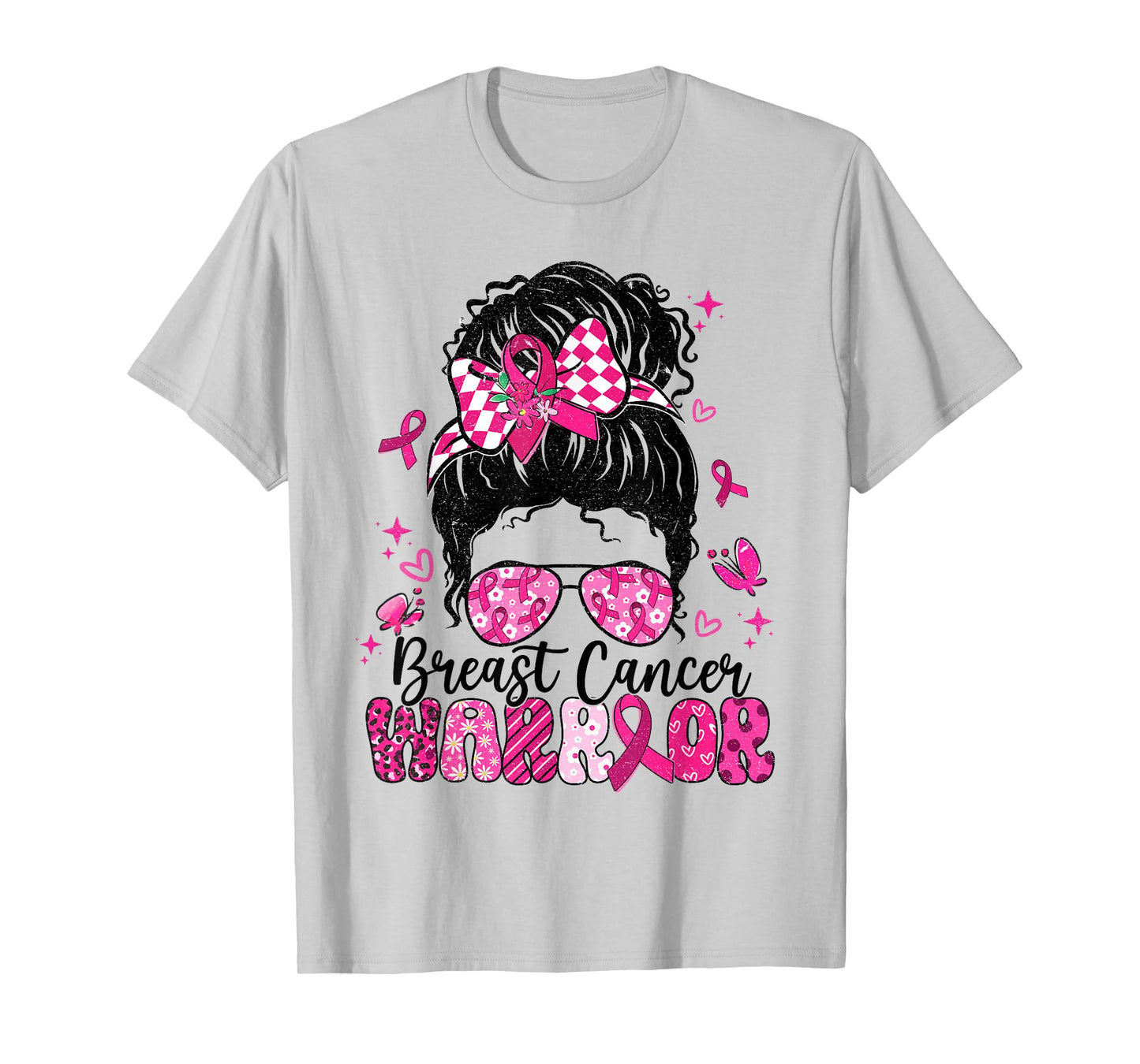 Warrior Messy Bun Pink Ribbon Breast Cancer Awareness T-Shirt