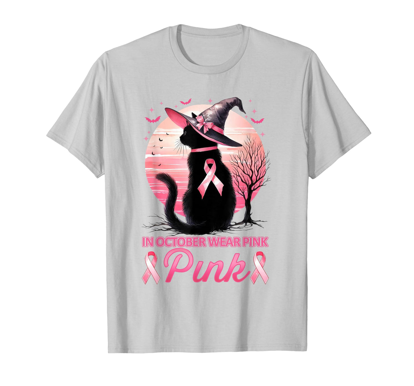 Cat In October We Wear Pink Ribbon Breast Cancer Awareness T-Shirt
